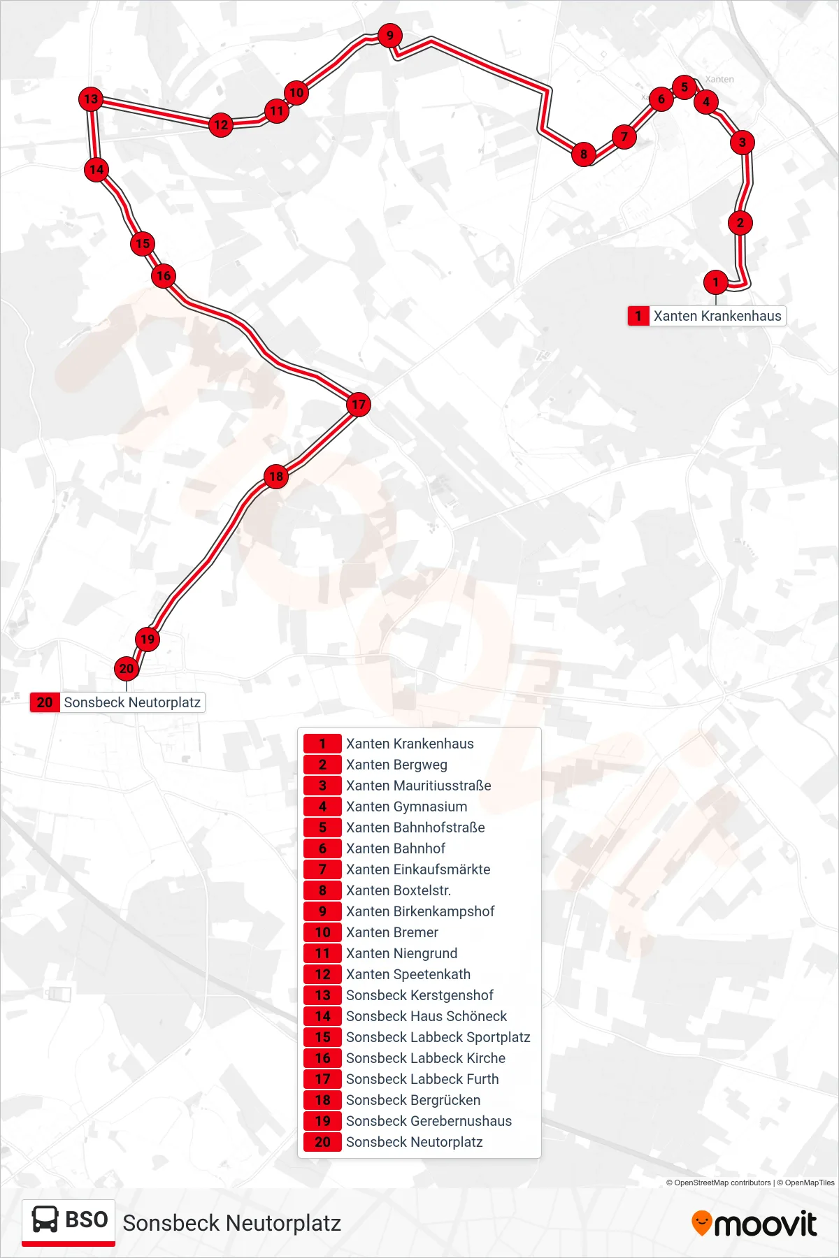 Linie BSO (Bus) Richtung Sonsbeck Neutorplatz: Route und Haltestellen auf der Karte