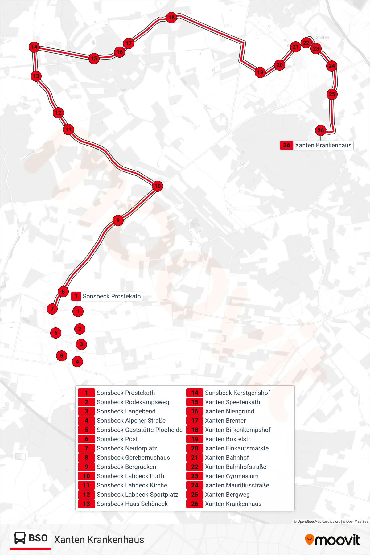 Linie BSO (Bus) Richtung Xanten Krankenhaus: Route und Haltestellen auf der Karte