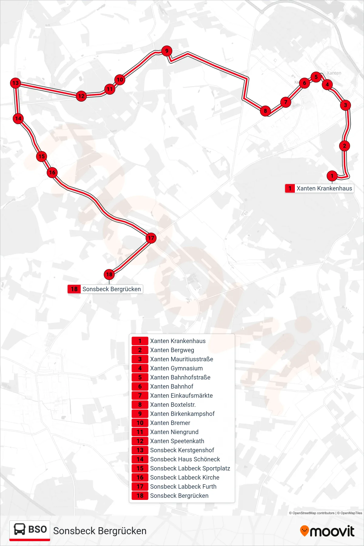 BSO bus Line (Sonsbeck Bergrücken) route and stops on a map
