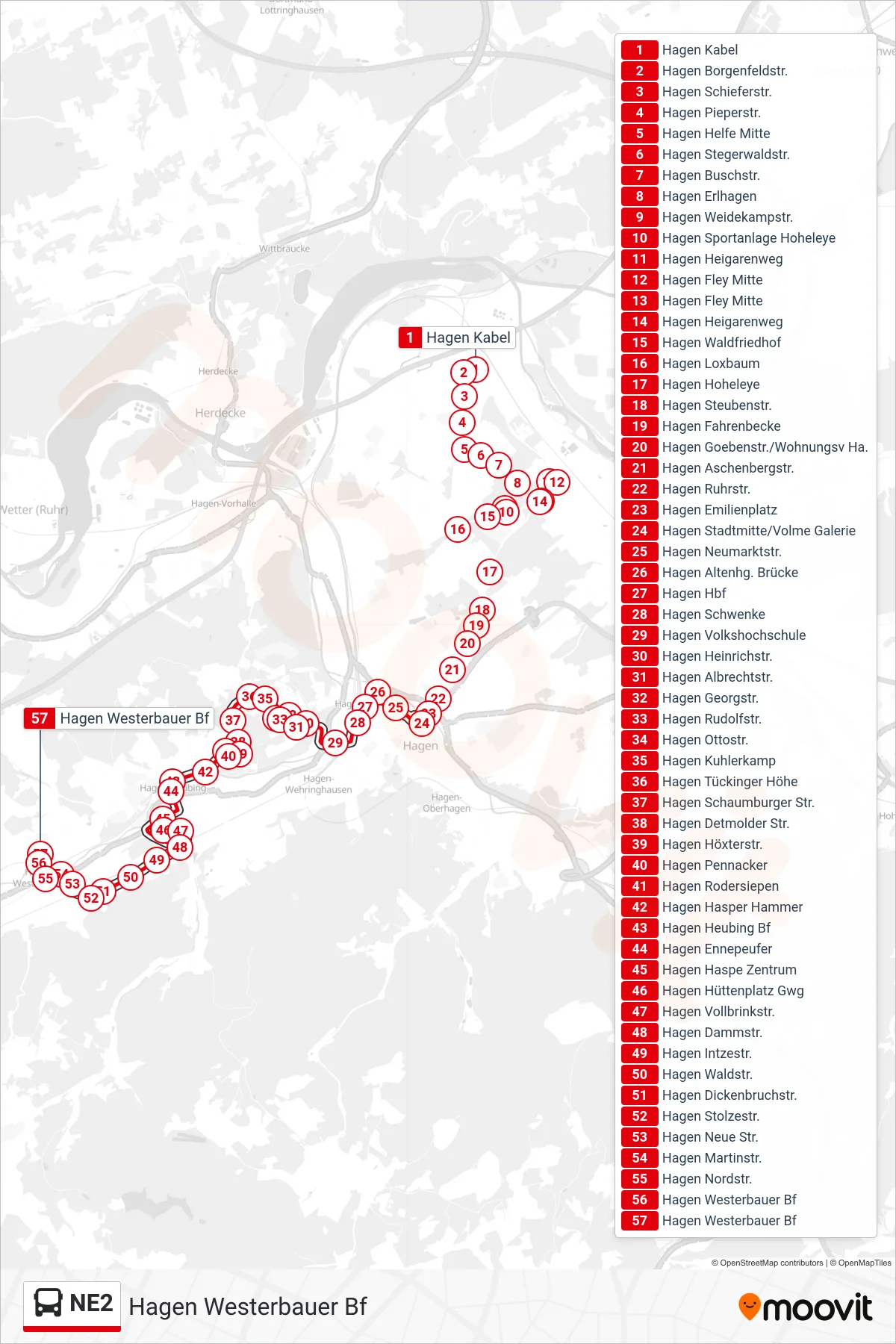Linie NE2 (Bus) Richtung Hagen Westerbauer Bf: Route und Haltestellen auf der Karte