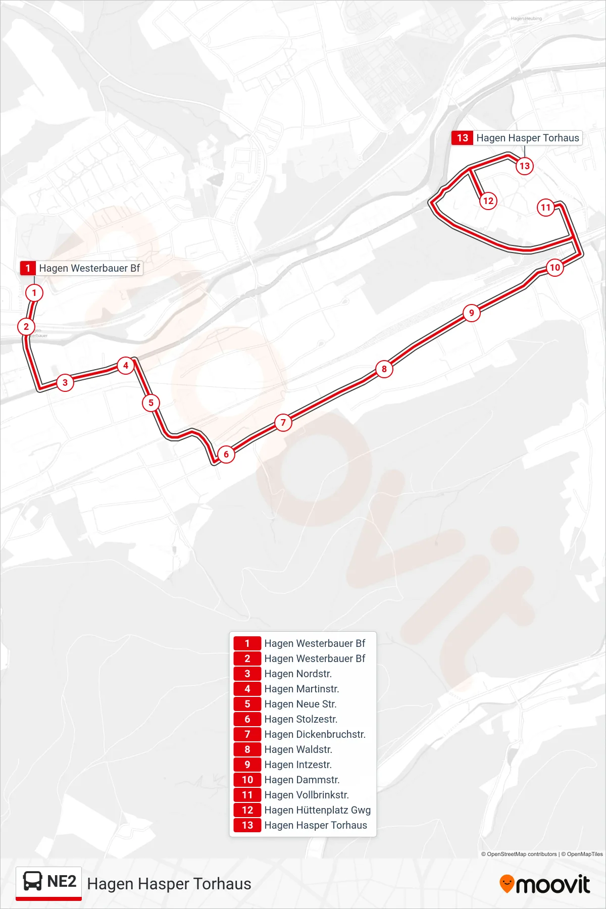 Linie NE2 (Bus) Richtung Hagen Hasper Torhaus: Route und Haltestellen auf der Karte