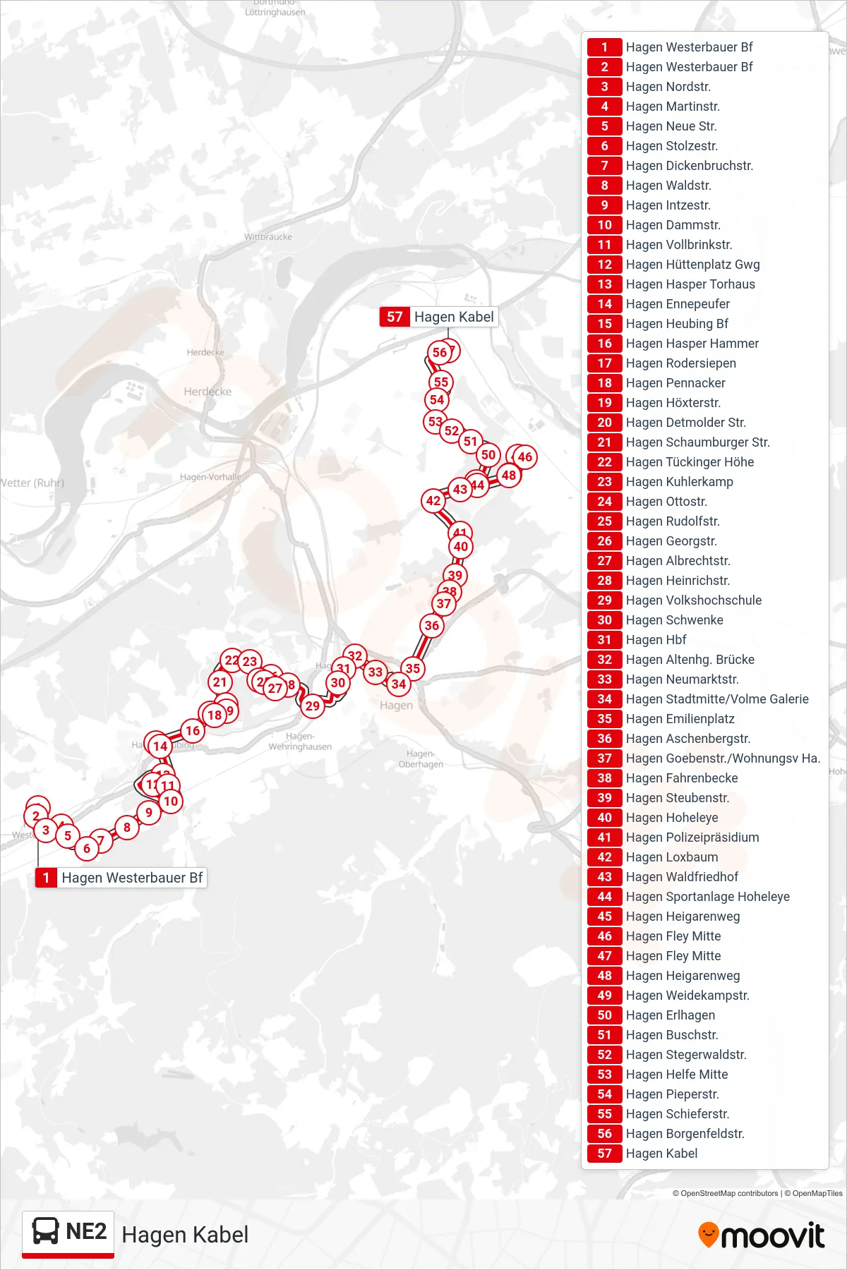 NE2 bus Line (Hagen Kabel) route and stops on a map