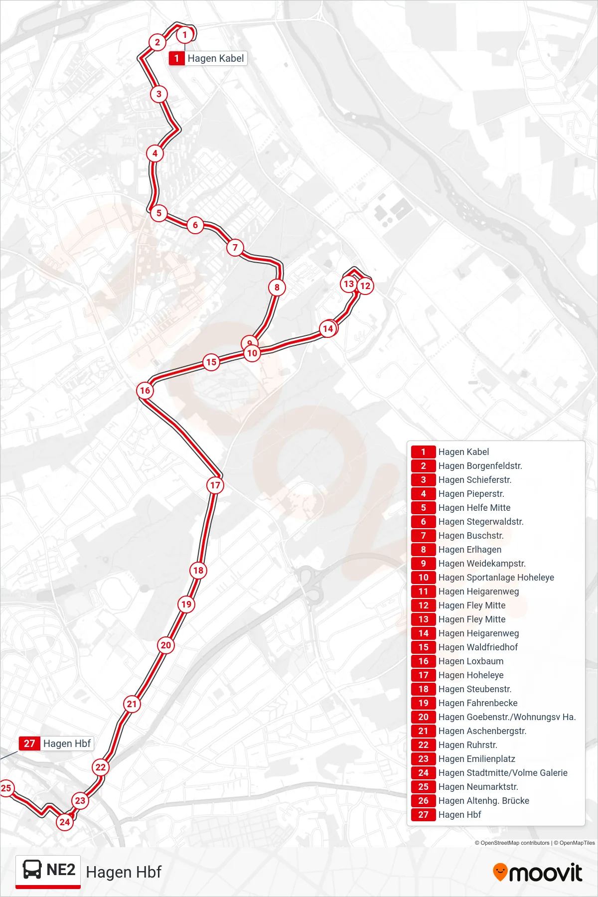 NE2 bus Line (Hagen Hbf) route and stops on a map