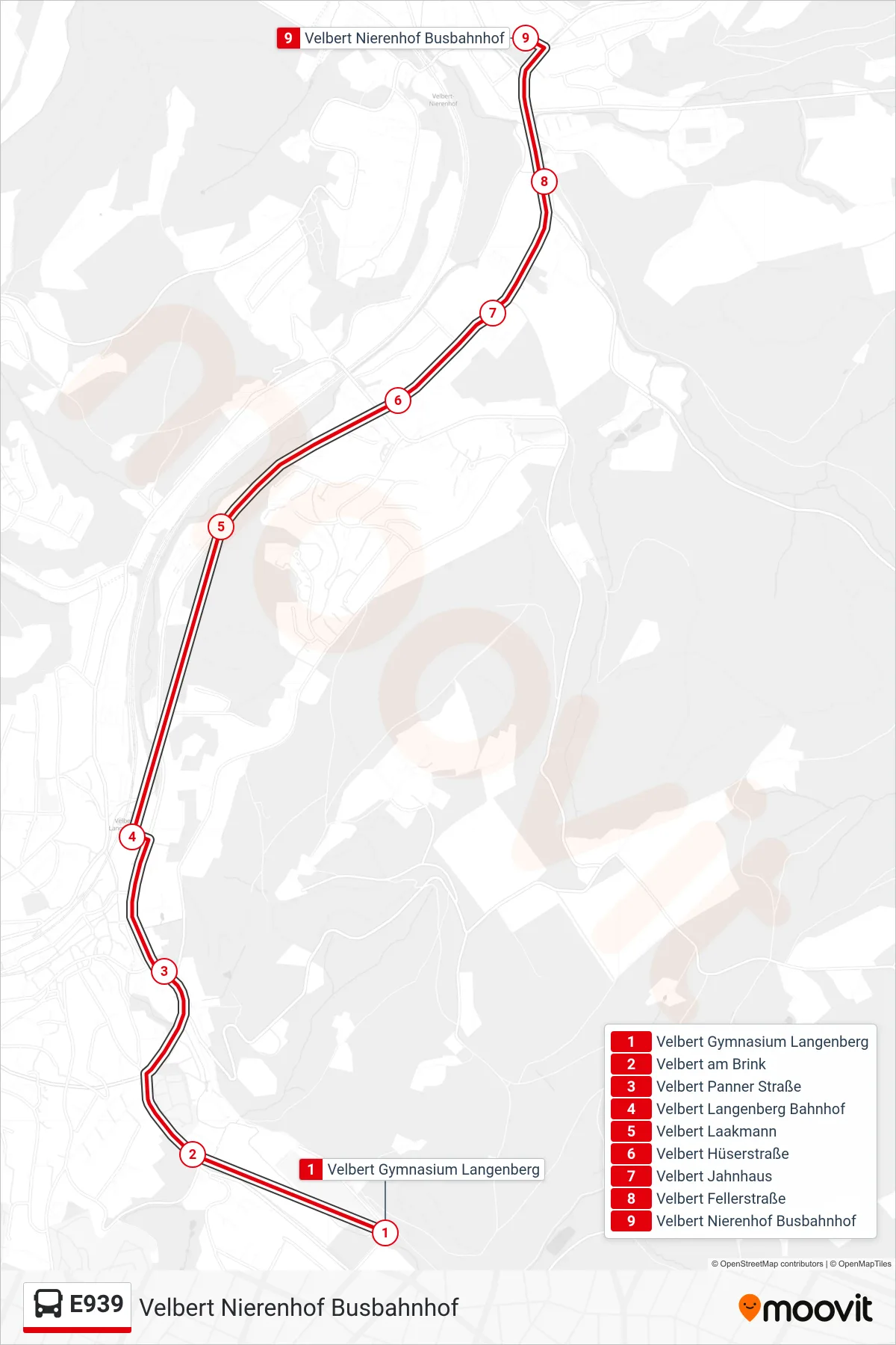 Linie E939 (Bus) Richtung Velbert Nierenhof Busbahnhof: Route und Haltestellen auf der Karte