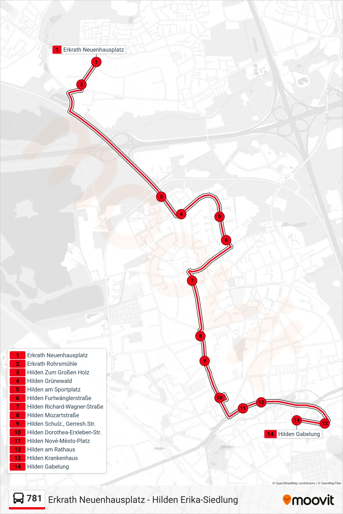 Linie 781 (Bus) Richtung Hilden Gabelung: Route und Haltestellen auf der Karte