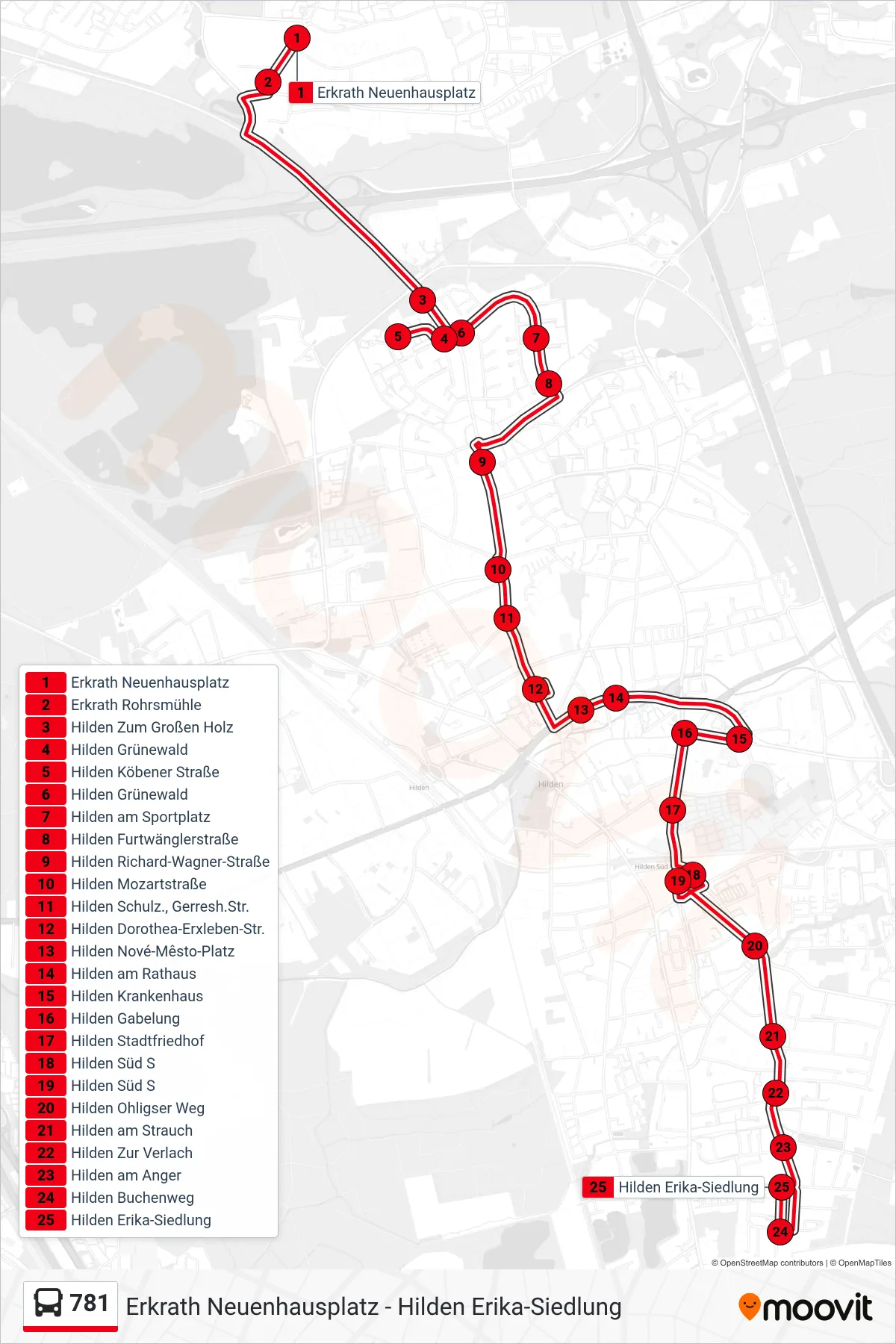 Linie 781 (Bus) Richtung Hilden Erika-Siedlung: Route und Haltestellen auf der Karte