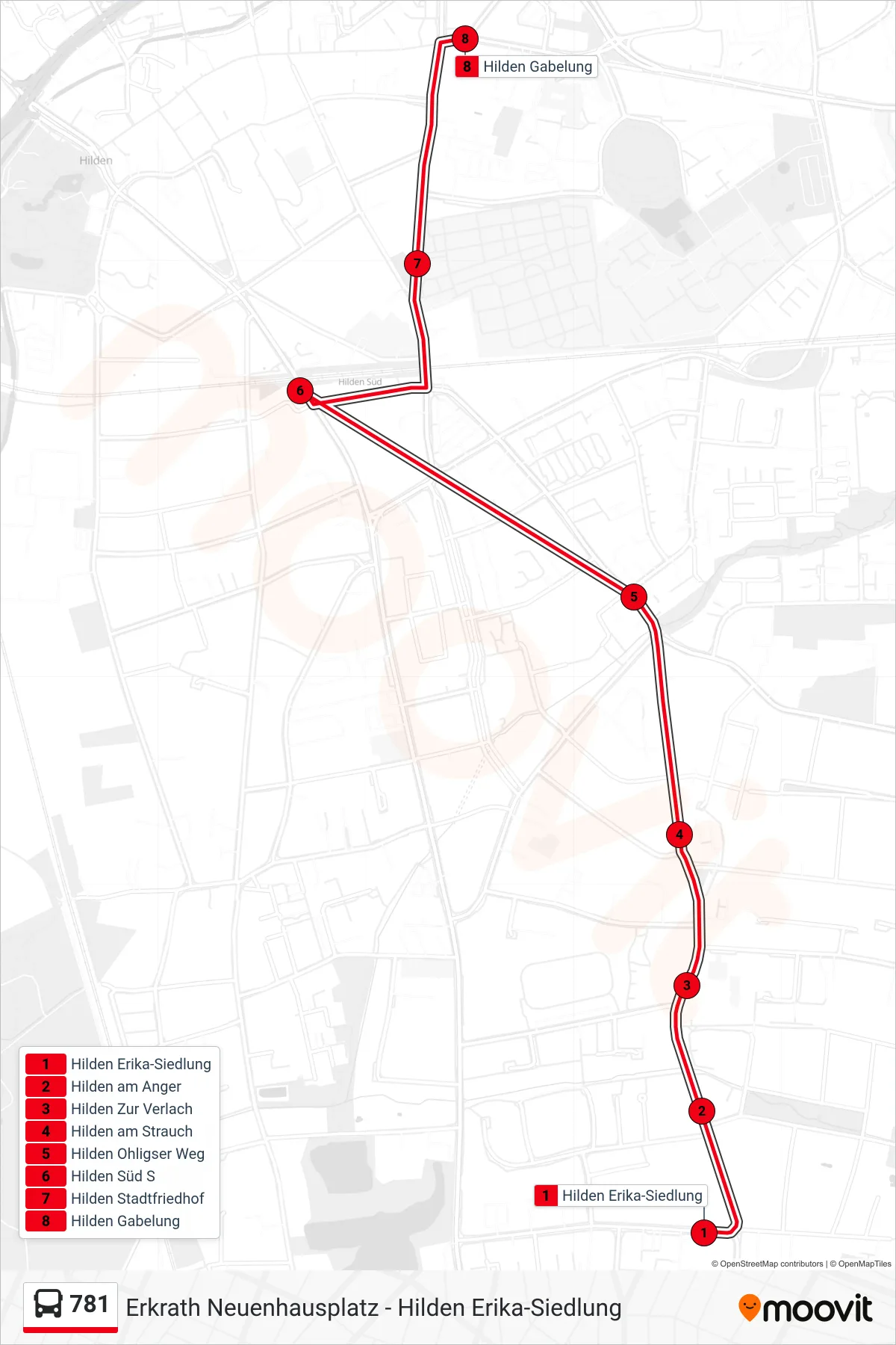 Linie 781 (Bus) Richtung Hilden Gabelung: Route und Haltestellen auf der Karte