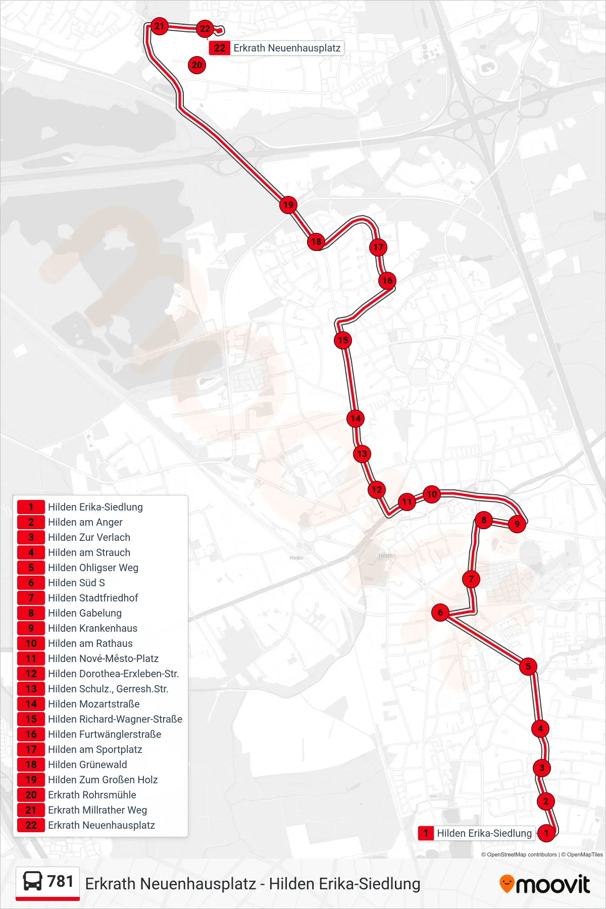 Linie 781 (Bus) Richtung Erkrath Neuenhausplatz: Route und Haltestellen auf der Karte