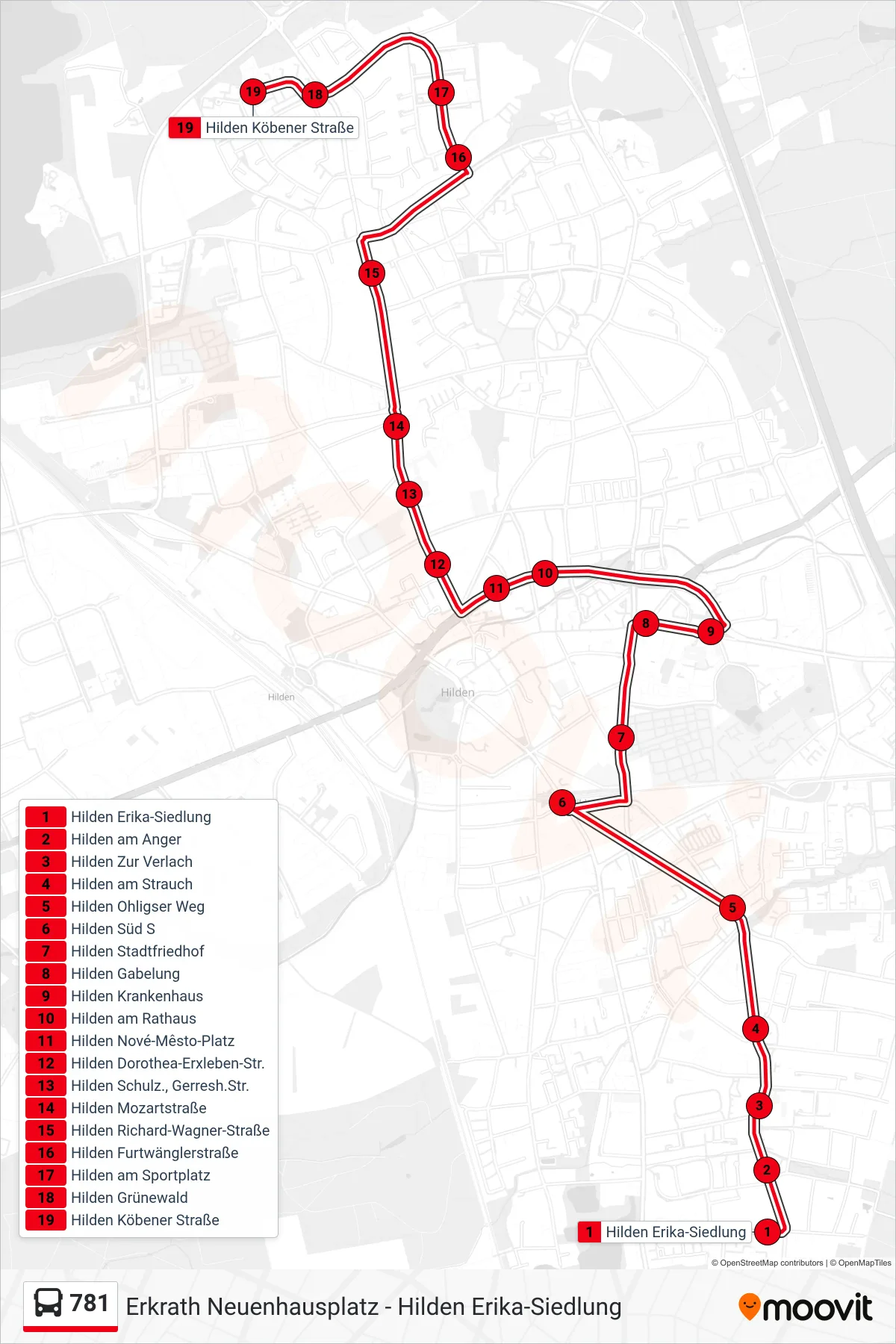 Linie 781 (Bus) Richtung Hilden Köbener Straße: Route und Haltestellen auf der Karte