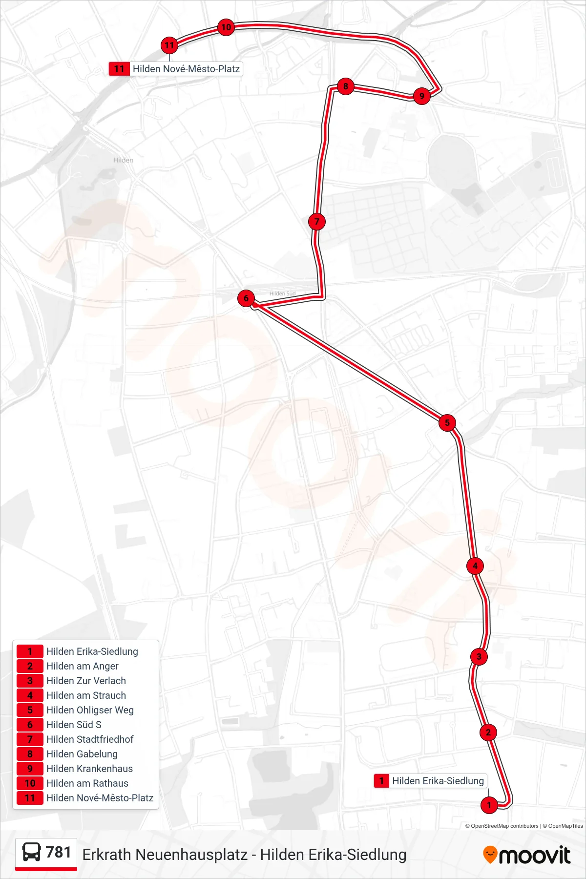 Linie 781 (Bus) Richtung Hilden Nové-Mêsto-Platz: Route und Haltestellen auf der Karte