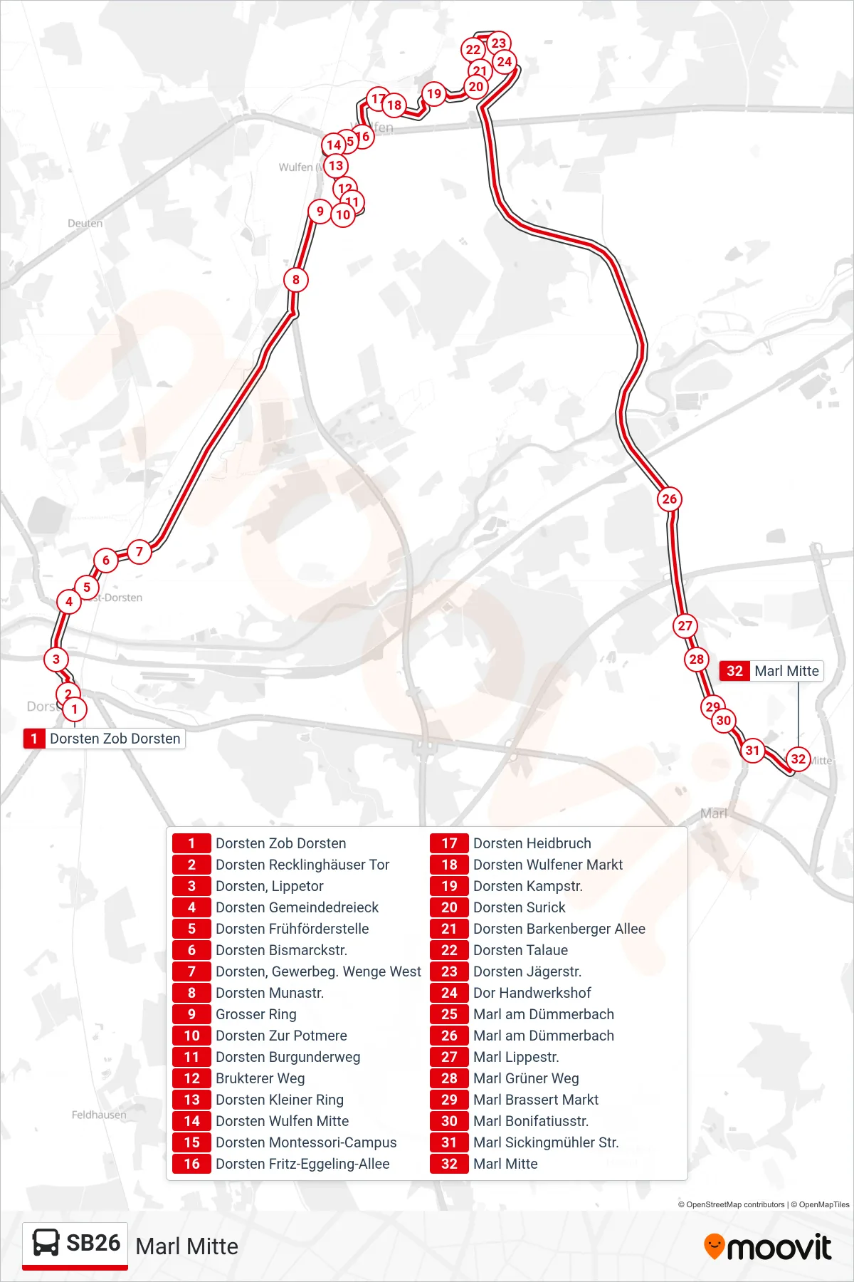 Linie SB26 (Bus) Richtung Marl Mitte: Route und Haltestellen auf der Karte