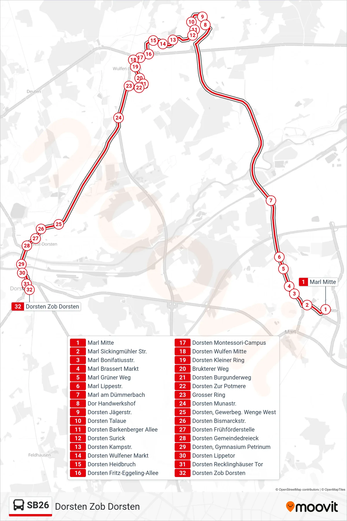 Linie SB26 (Bus) Richtung Dorsten Zob Dorsten: Route und Haltestellen auf der Karte
