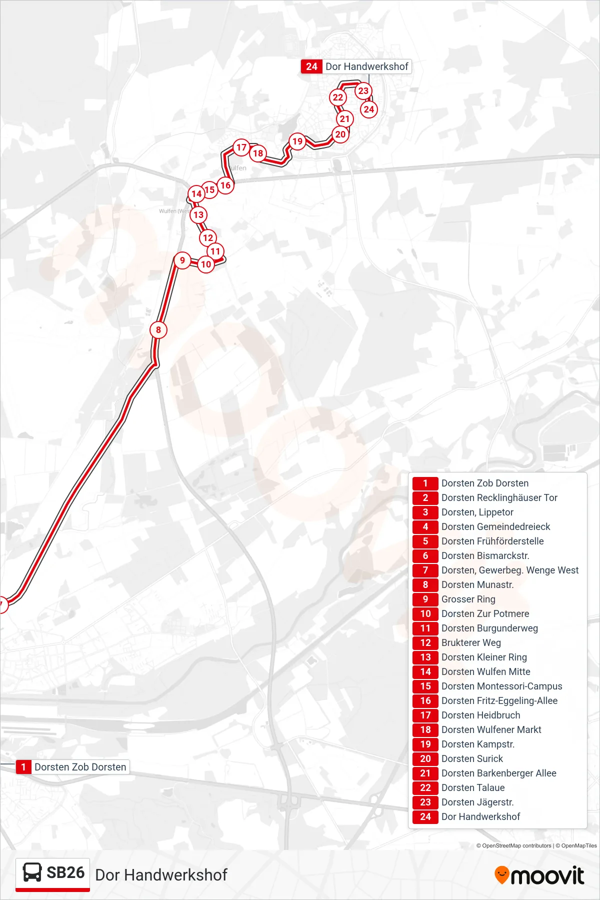SB26 bus Line (Dor Handwerkshof) route and stops on a map
