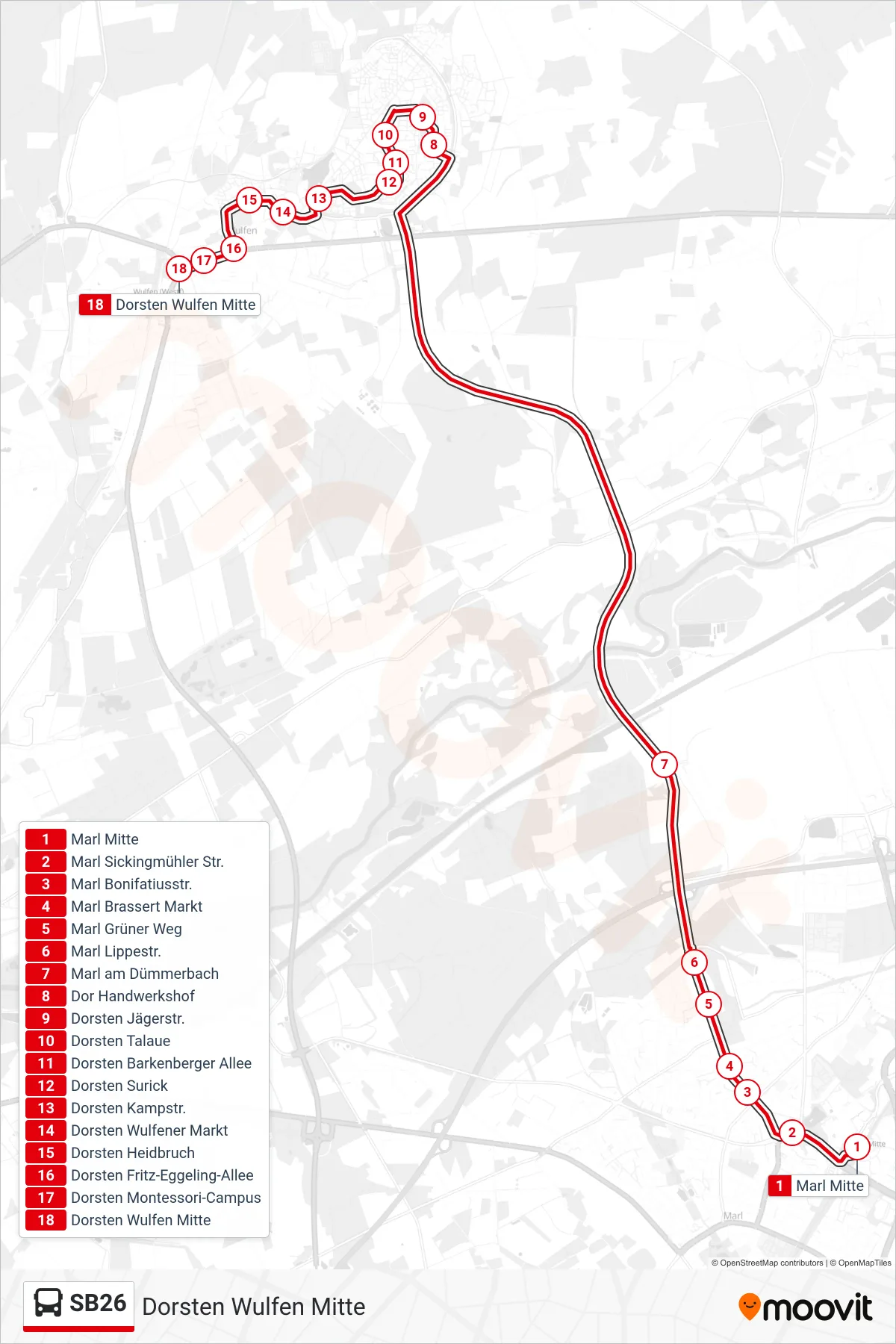 Linie SB26 (Bus) Richtung Dorsten Wulfen Mitte: Route und Haltestellen auf der Karte