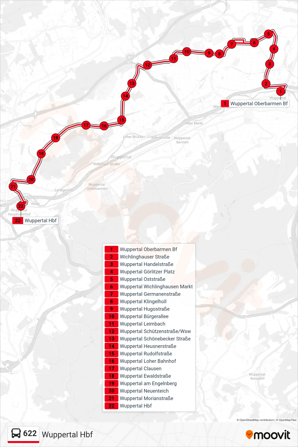 Linie 622 (Bus) Richtung Wuppertal Hbf: Route und Haltestellen auf der Karte