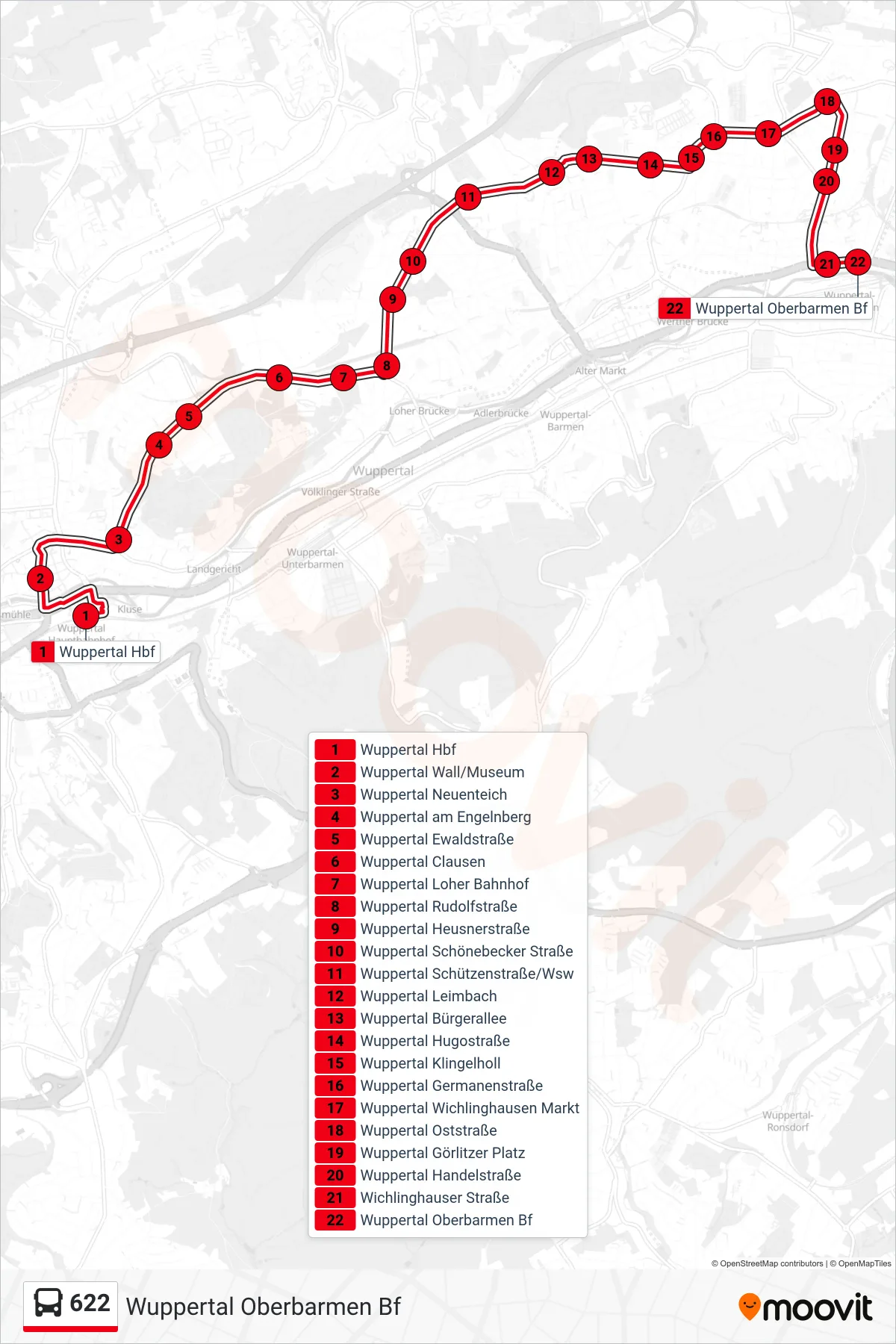 Linie 622 (Bus) Richtung Wuppertal Oberbarmen Bf: Route und Haltestellen auf der Karte