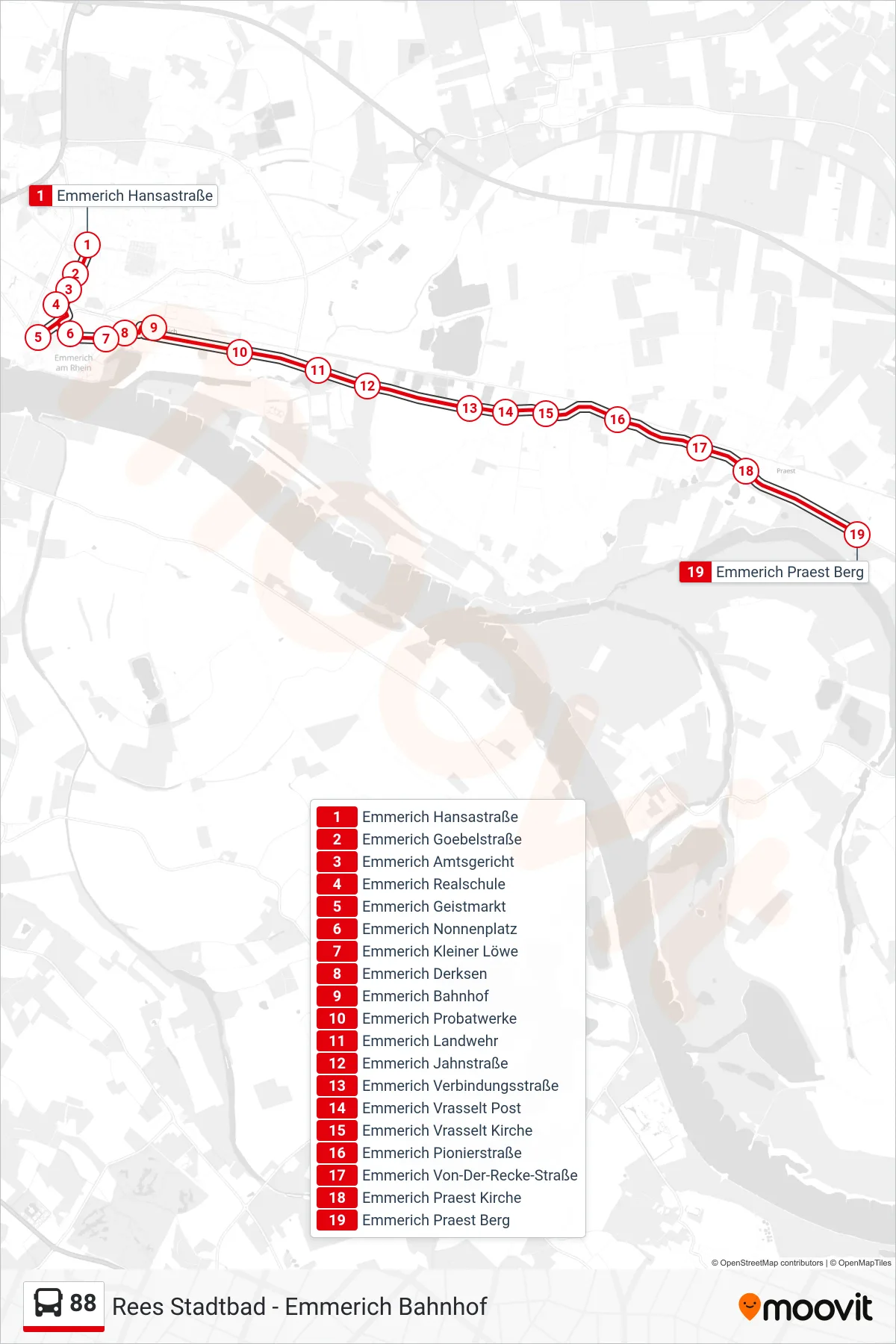 Linie 88 (Bus) Richtung Emmerich Praest Berg: Route und Haltestellen auf der Karte