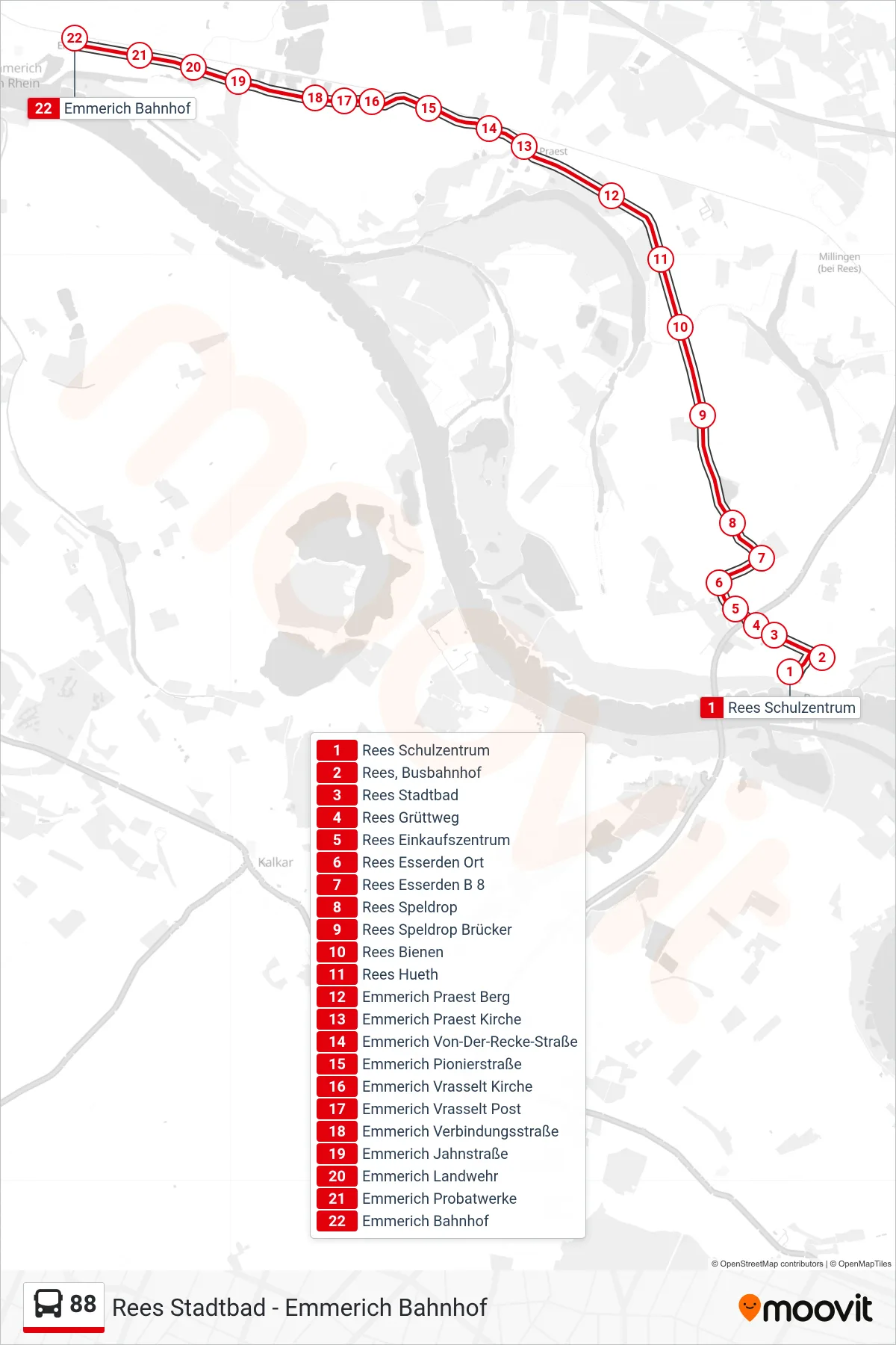 Linie 88 (Bus) Richtung Emmerich Bahnhof: Route und Haltestellen auf der Karte