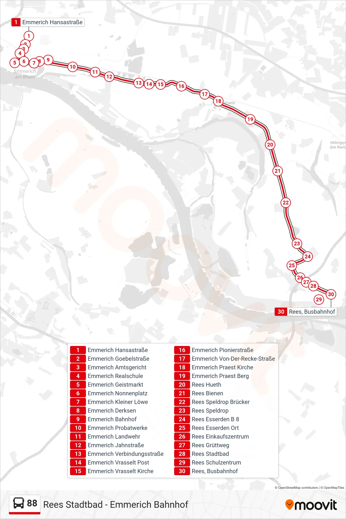 Linie 88 (Bus) Richtung Rees Busbahnhof: Route und Haltestellen auf der Karte