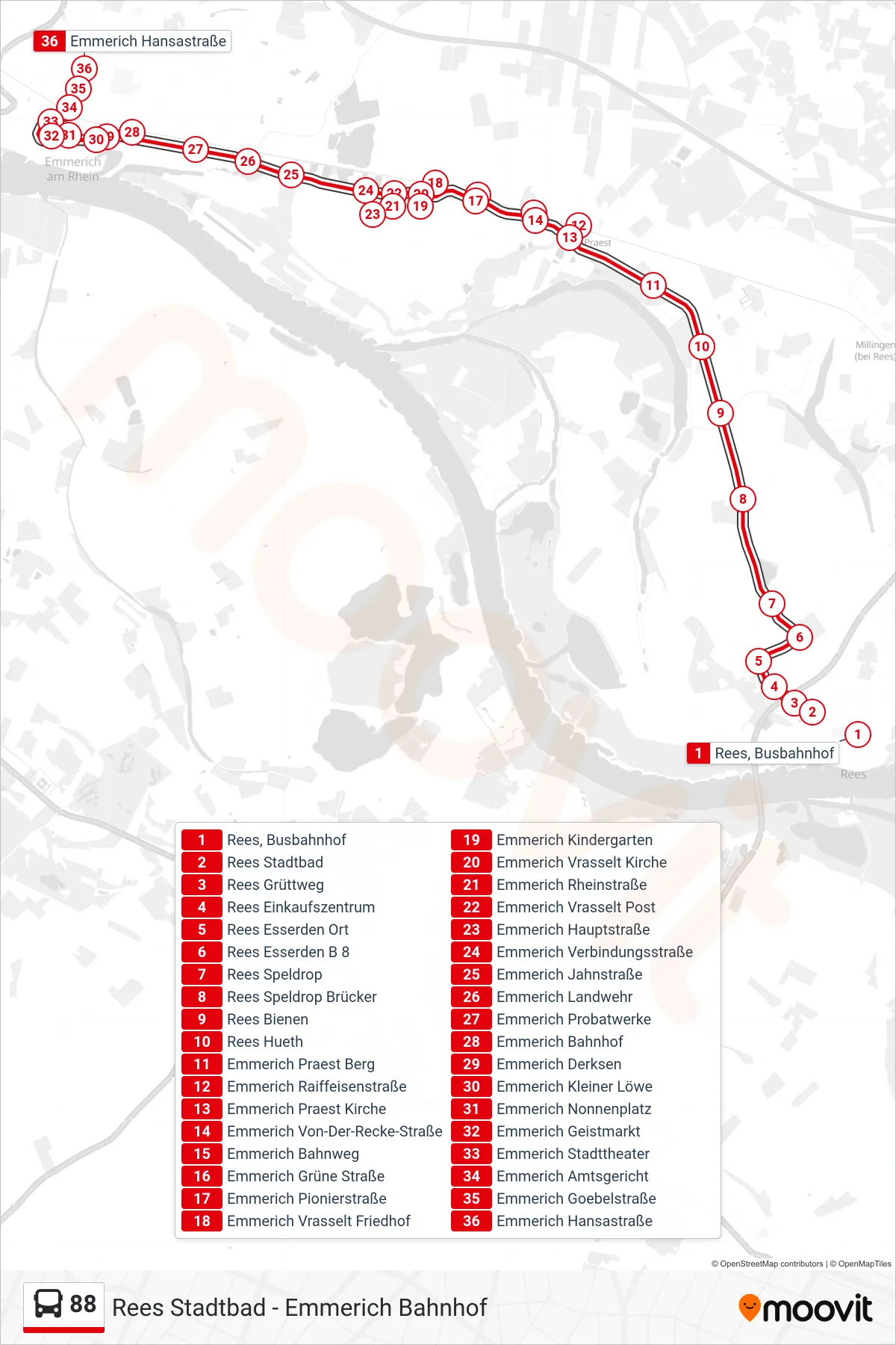 Linie 88 (Bus) Richtung Emmerich Hansastraße: Route und Haltestellen auf der Karte