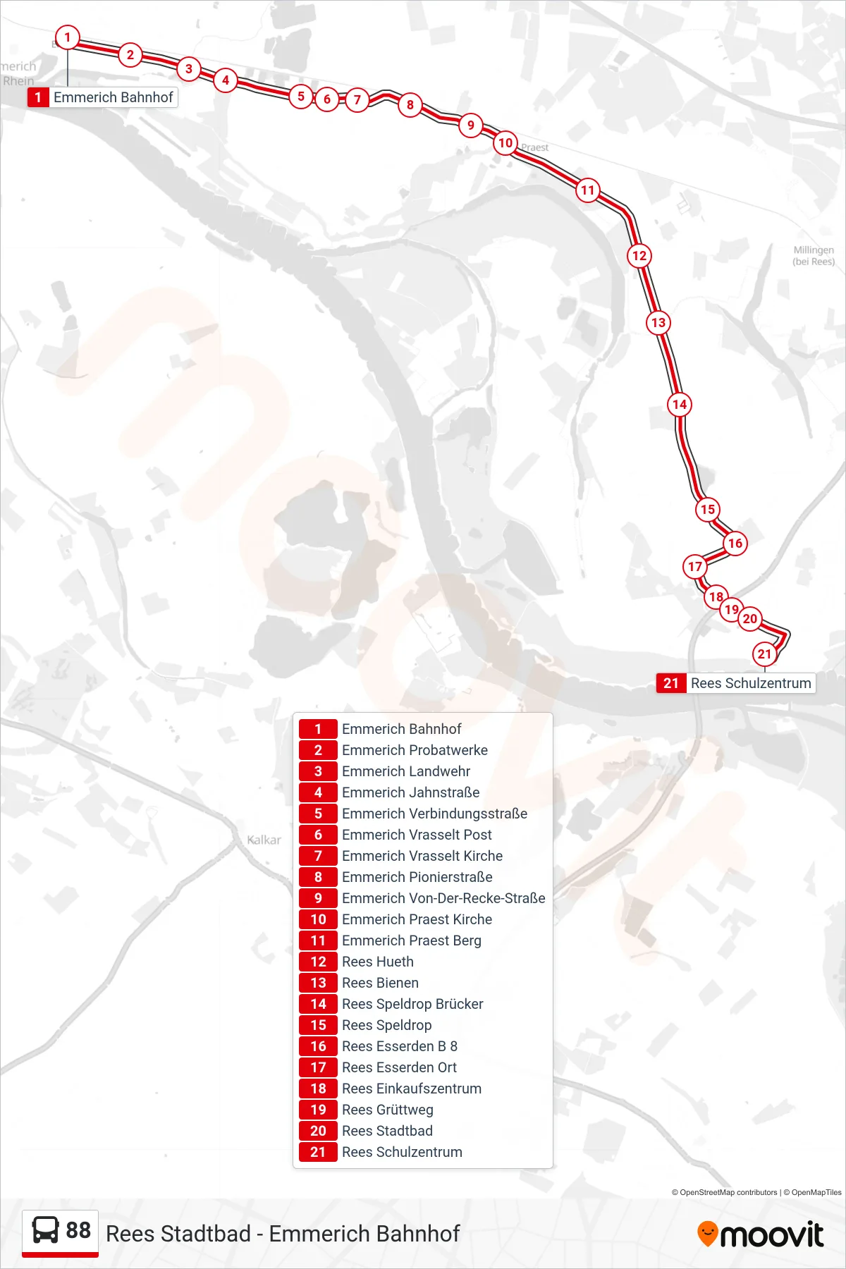 Linie 88 (Bus) Richtung Rees Schulzentrum: Route und Haltestellen auf der Karte