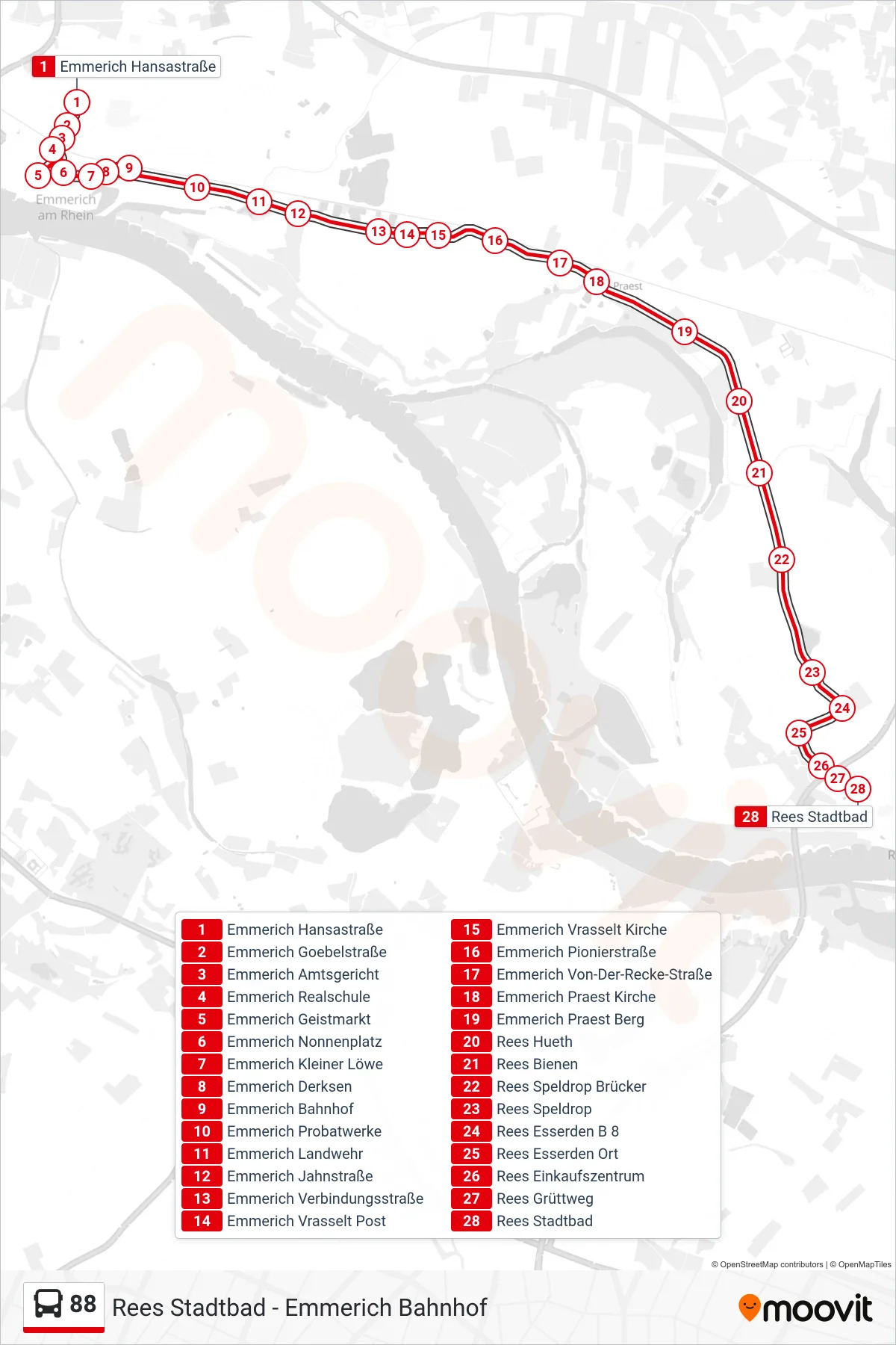Linie 88 (Bus) Richtung Rees Stadtbad: Route und Haltestellen auf der Karte