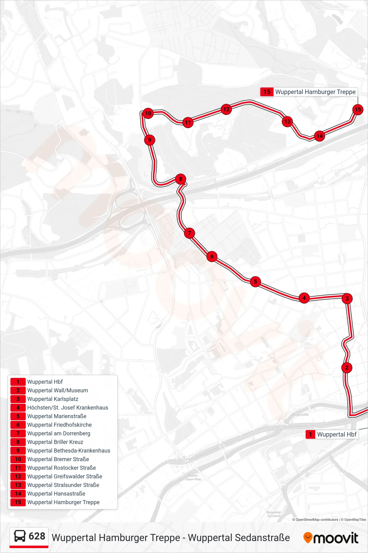 628 bus Line (Wuppertal Hamburger Treppe) route and stops on a map