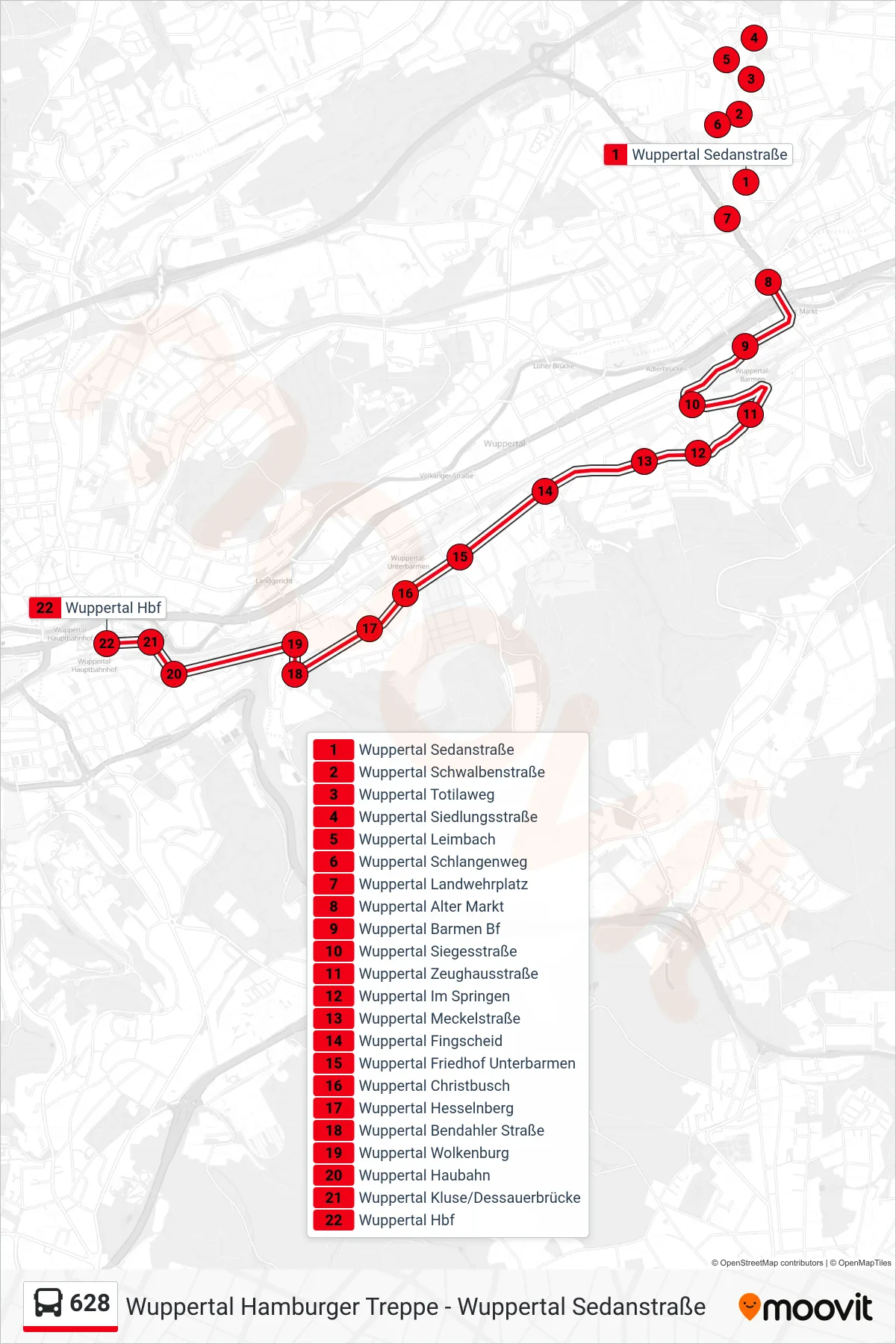 Linie 628 (Bus) Richtung Wuppertal Hbf: Route und Haltestellen auf der Karte