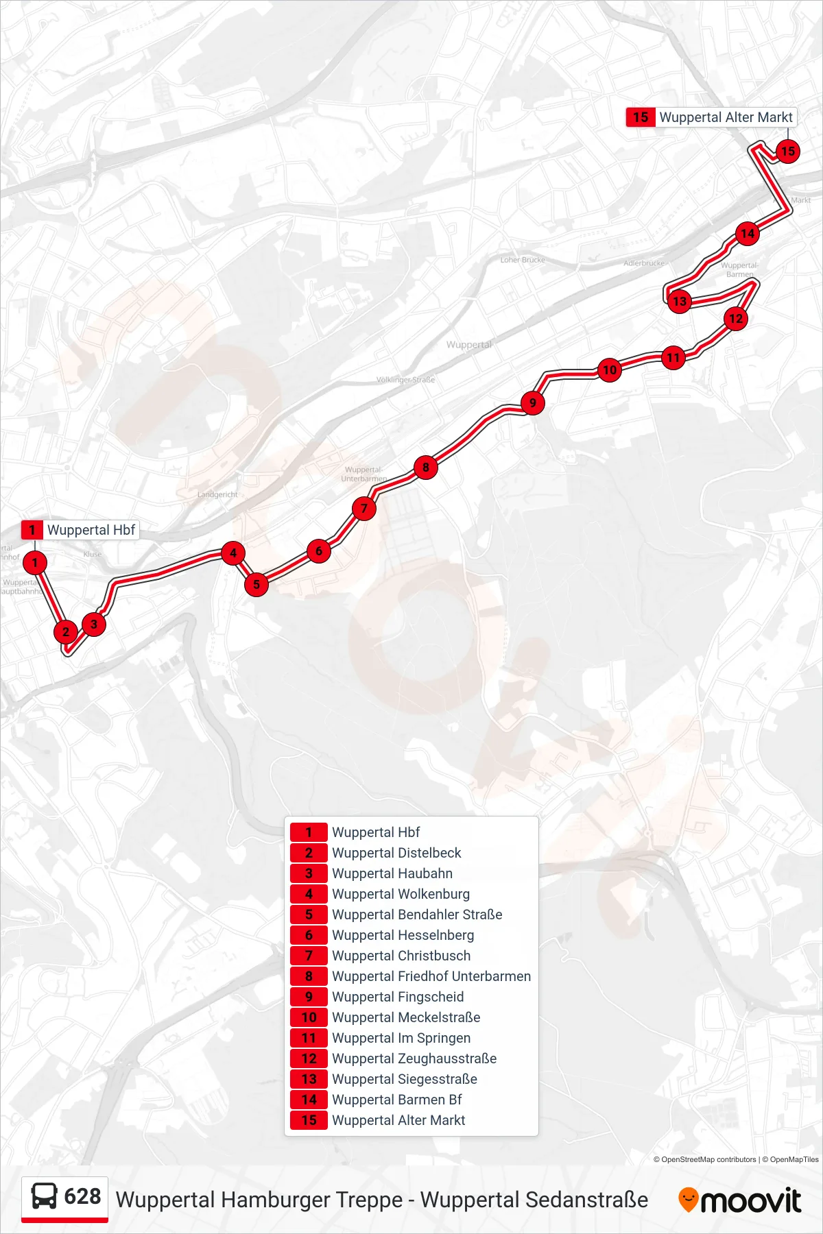 628 bus Line (Wuppertal Alter Markt) route and stops on a map
