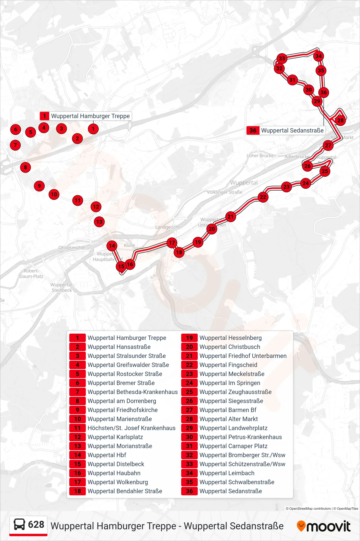 Linie 628 (Bus) Richtung Wuppertal Sedanstraße: Route und Haltestellen auf der Karte