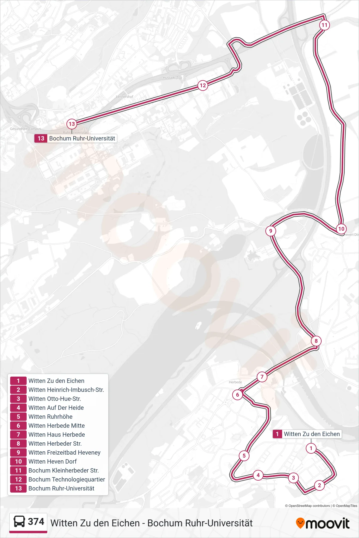 Linie 374 (Bus) Richtung Bochum Ruhr-Universität: Route und Haltestellen auf der Karte
