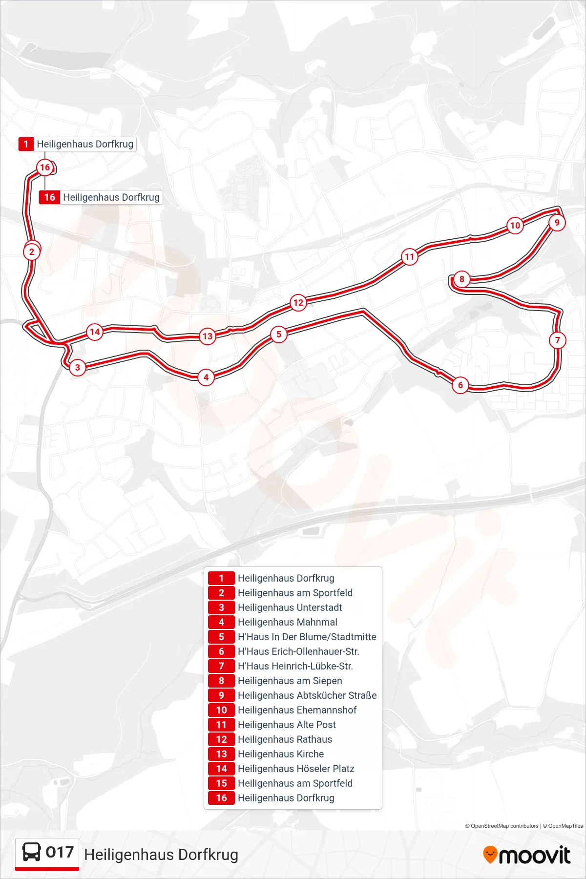 Linie O17 (Bus) Richtung Heiligenhaus Dorfkrug: Route und Haltestellen auf der Karte
