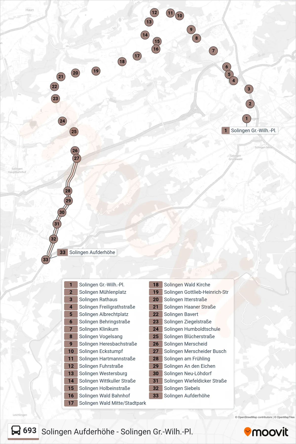 Linie 693 (Bus) Richtung Solingen Aufderhöhe: Route und Haltestellen auf der Karte