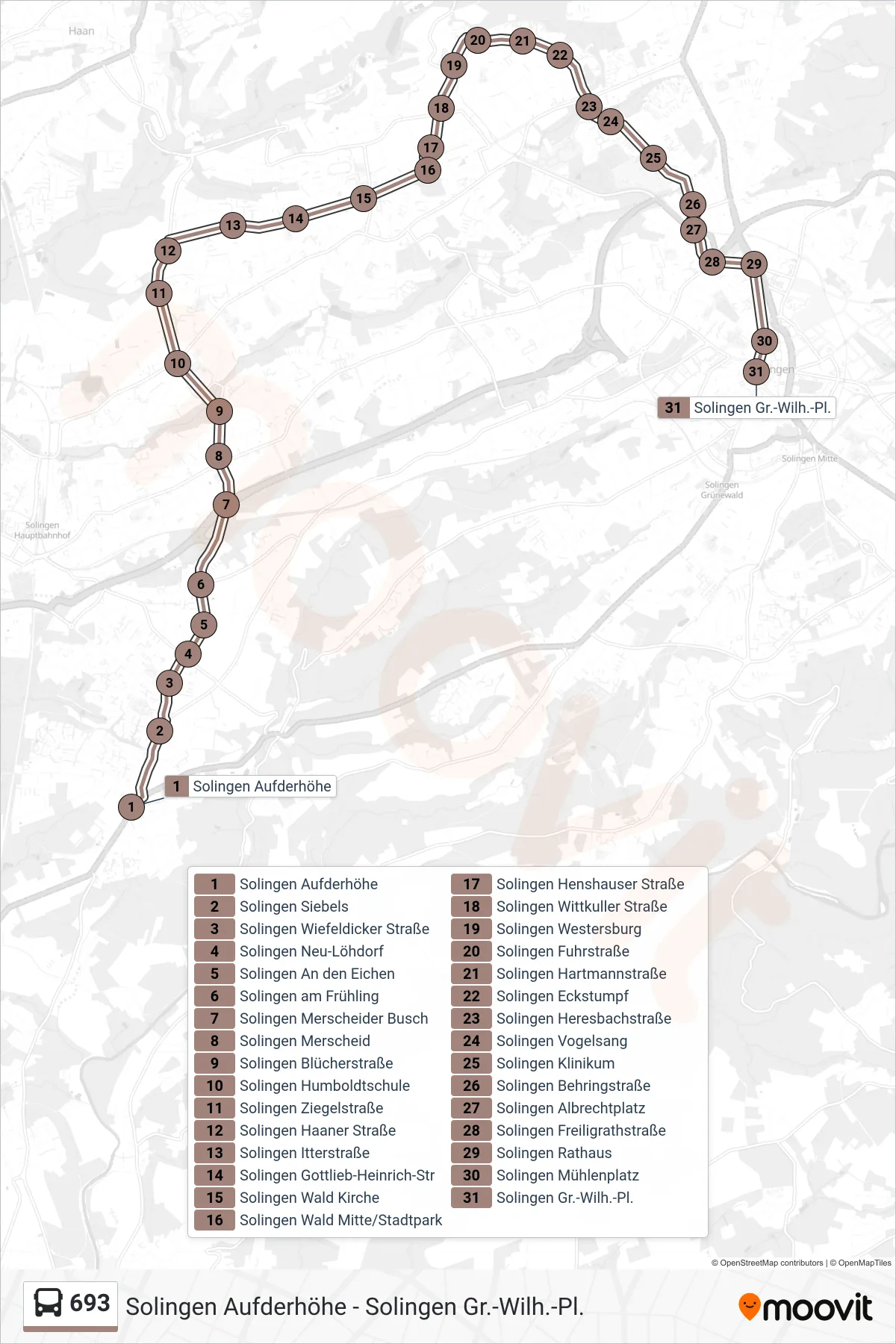 Linie 693 (Bus) Richtung Solingen Gr.-Wilh.-Pl.: Route und Haltestellen auf der Karte