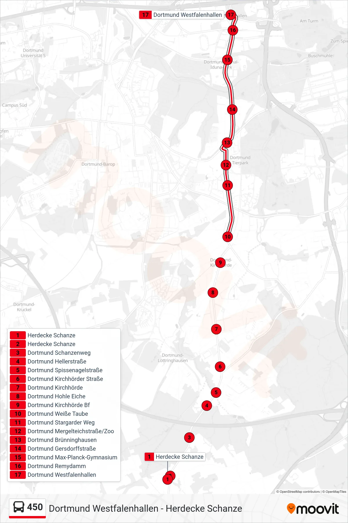 Linie 450 (Bus) Richtung Dortmund Westfalenhallen: Route und Haltestellen auf der Karte