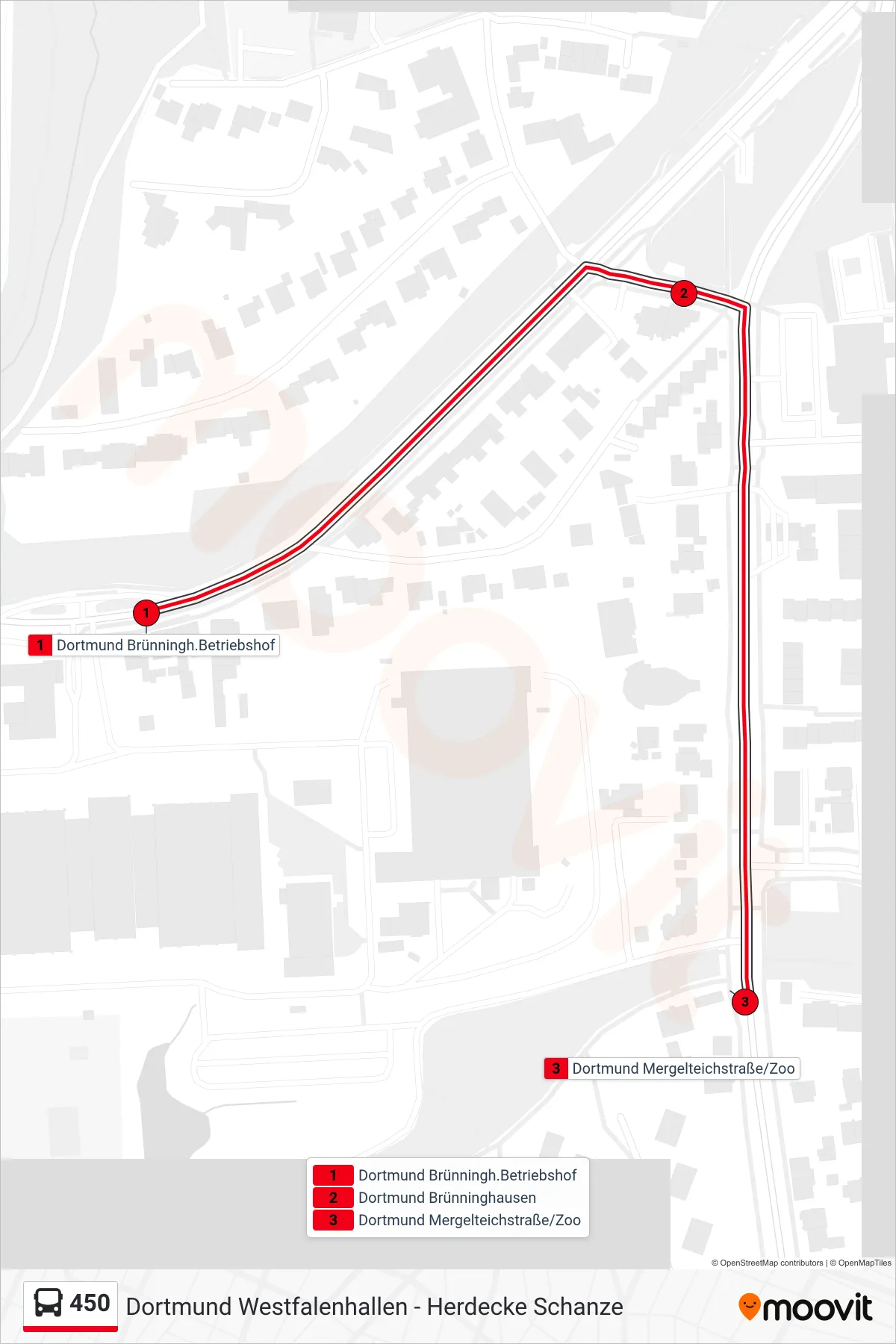Linie 450 (Bus) Richtung Dortmund Mergelteichstraße/Zoo: Route und Haltestellen auf der Karte