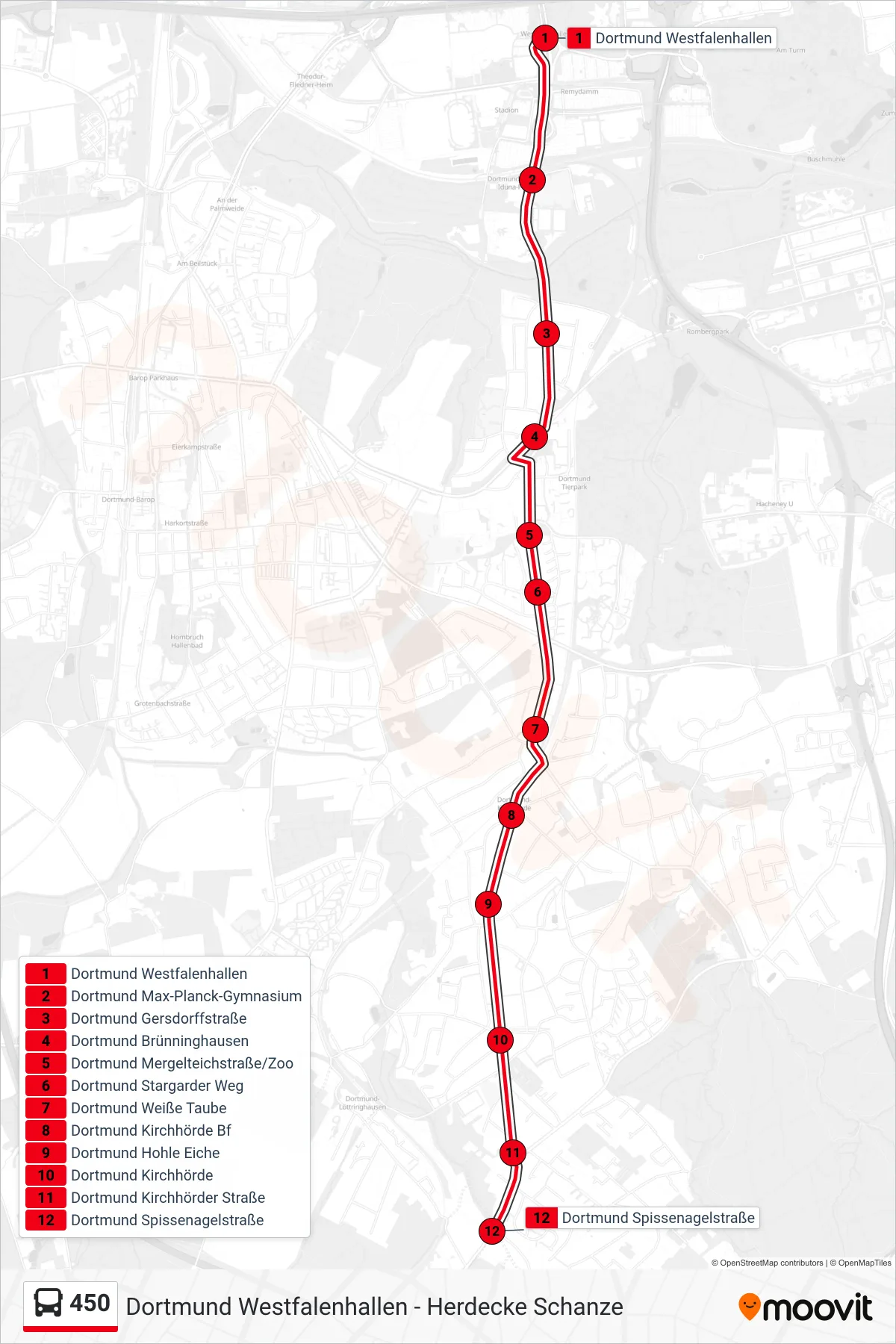 Linie 450 (Bus) Richtung Dortmund Spissenagelstraße: Route und Haltestellen auf der Karte