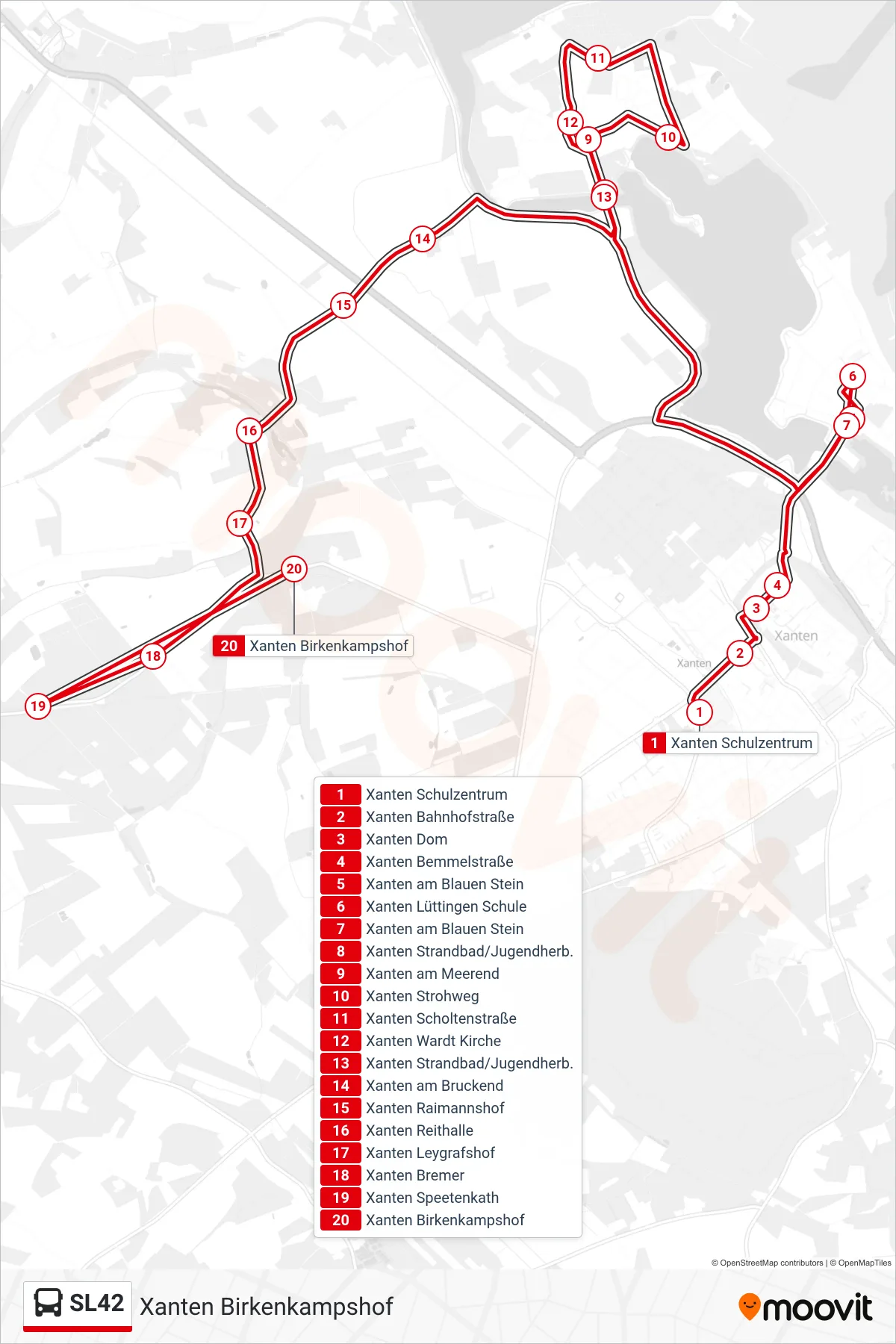 SL42 bus Line (Xanten Birkenkampshof) route and stops on a map