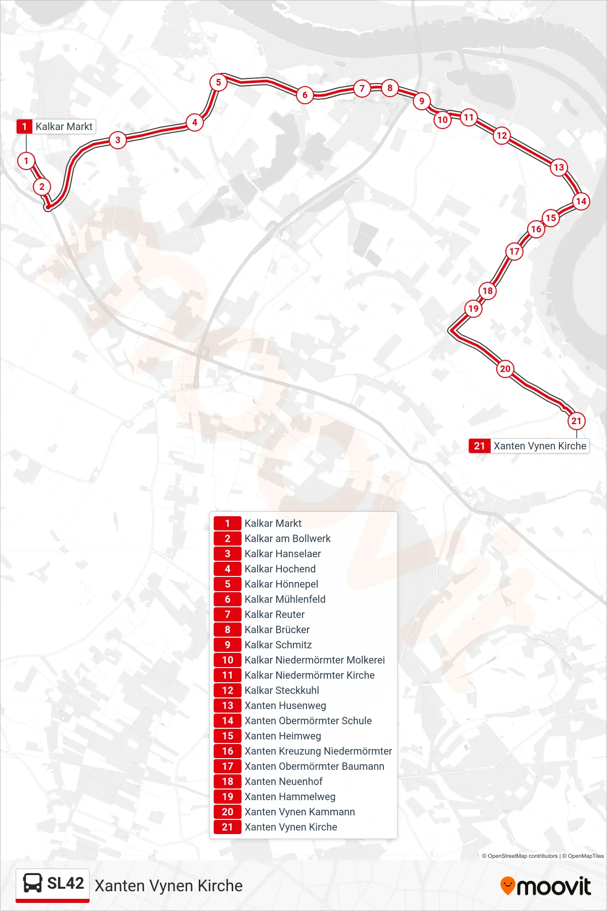 SL42 bus Line (Xanten Vynen Kirche) route and stops on a map