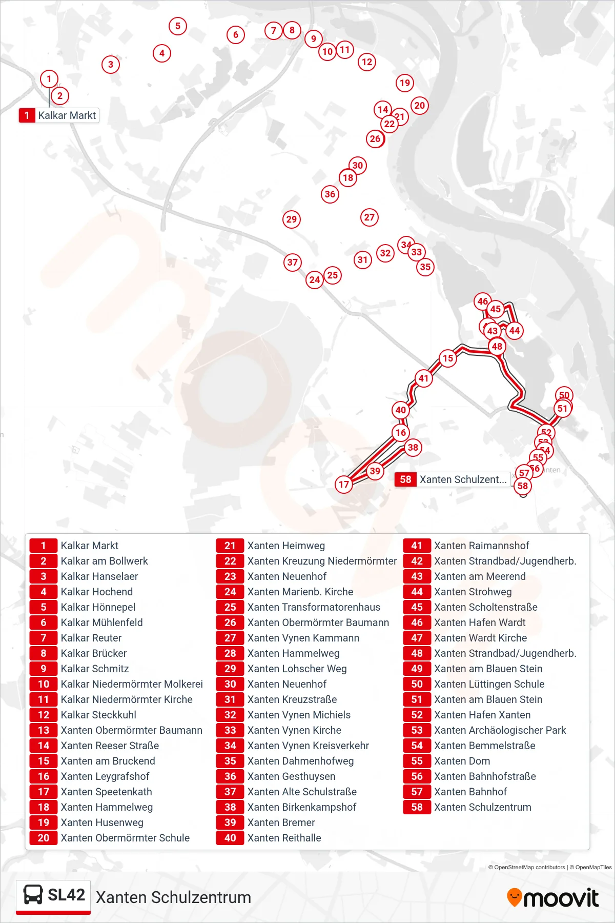 SL42 bus Line (Xanten Schulzentrum) route and stops on a map