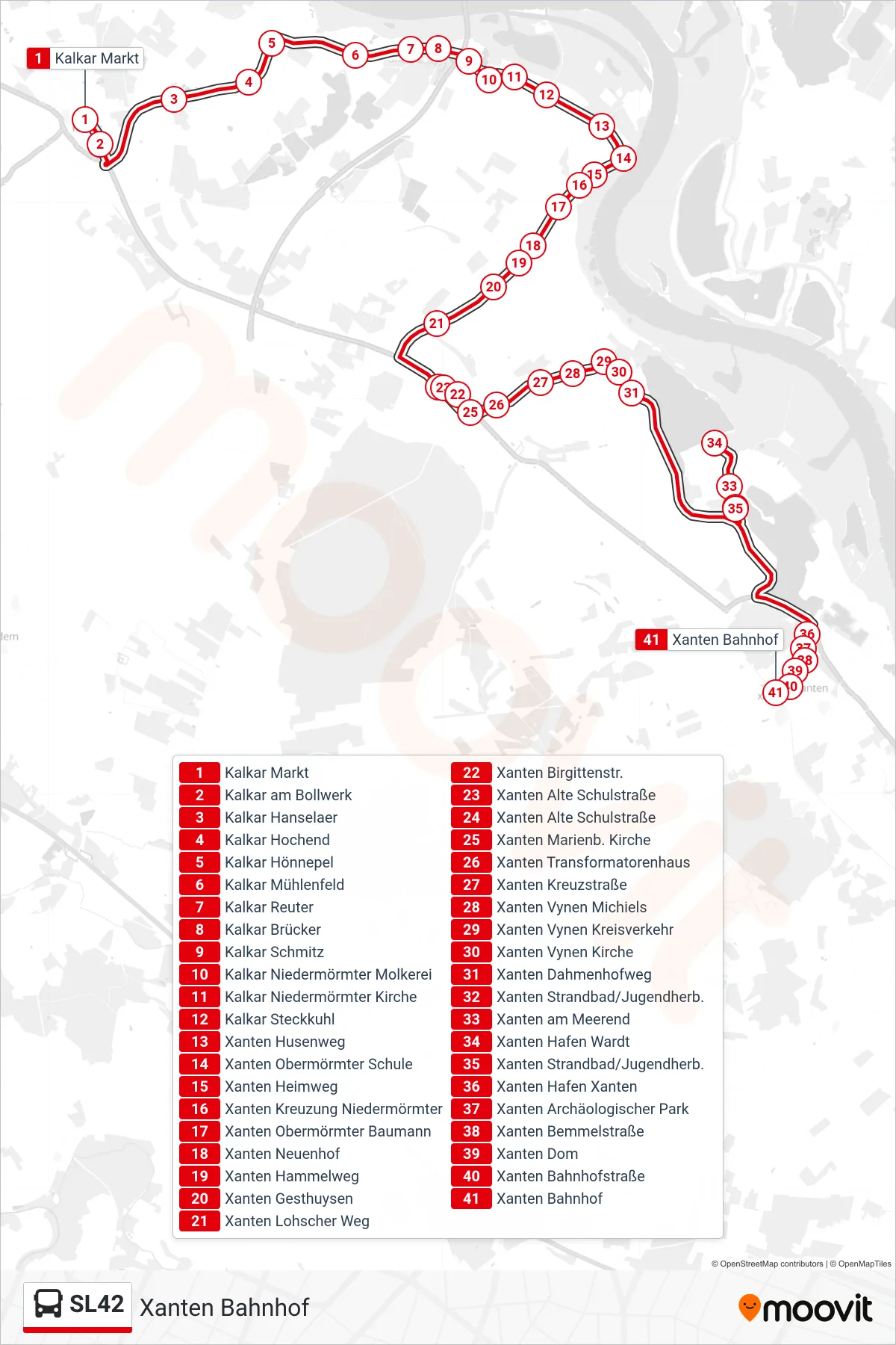 SL42 bus Line (Xanten Bahnhof) route and stops on a map