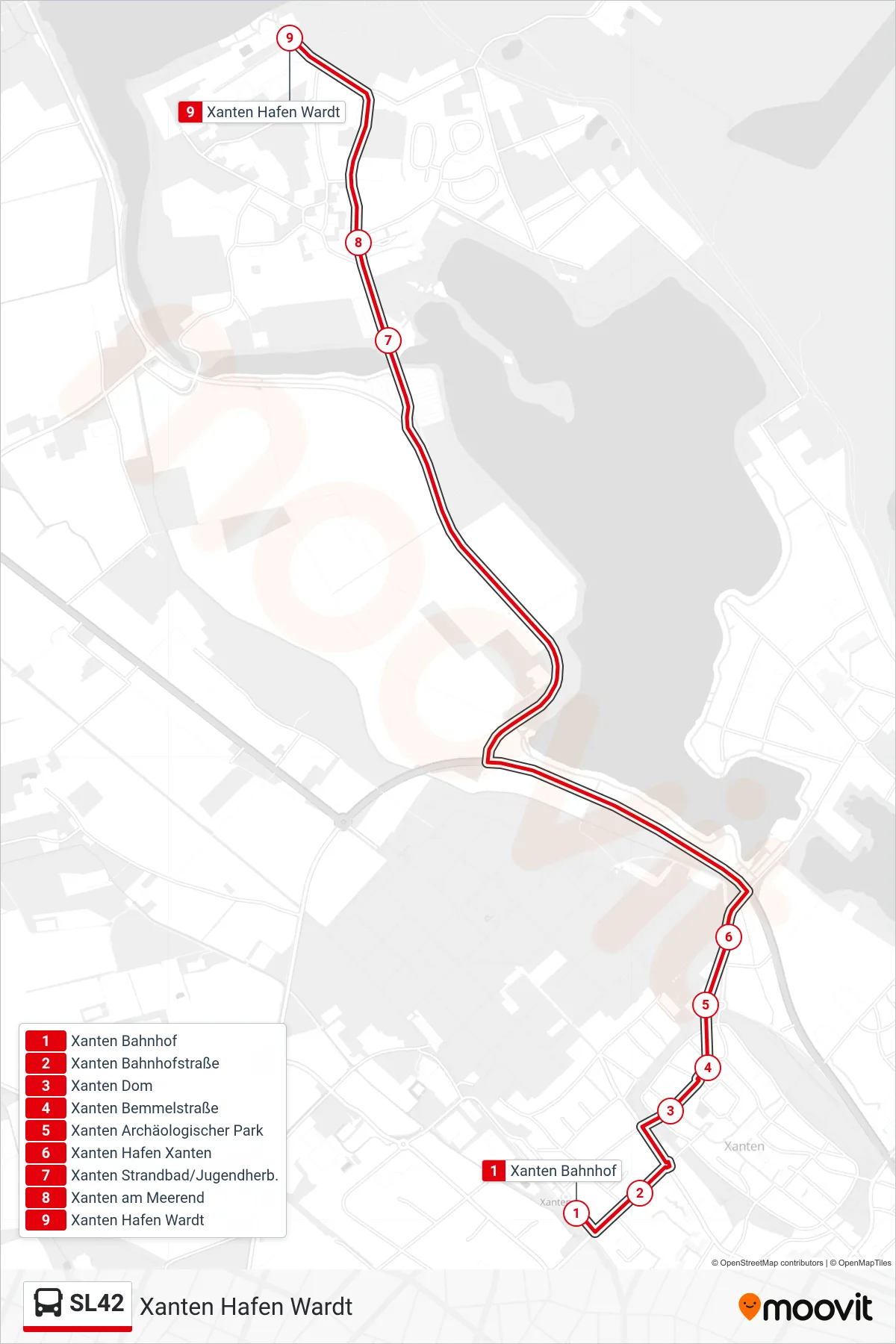 Linie SL42 (Bus) Richtung Xanten Hafen Wardt: Route und Haltestellen auf der Karte