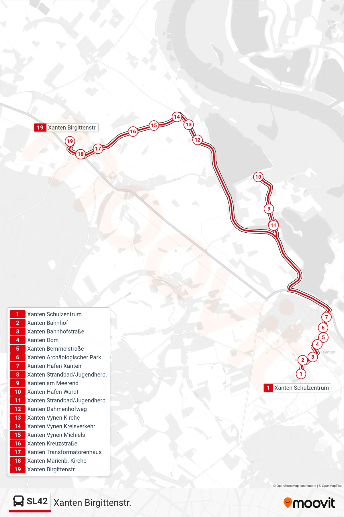 SL42 bus Line (Xanten Birgittenstr.) route and stops on a map