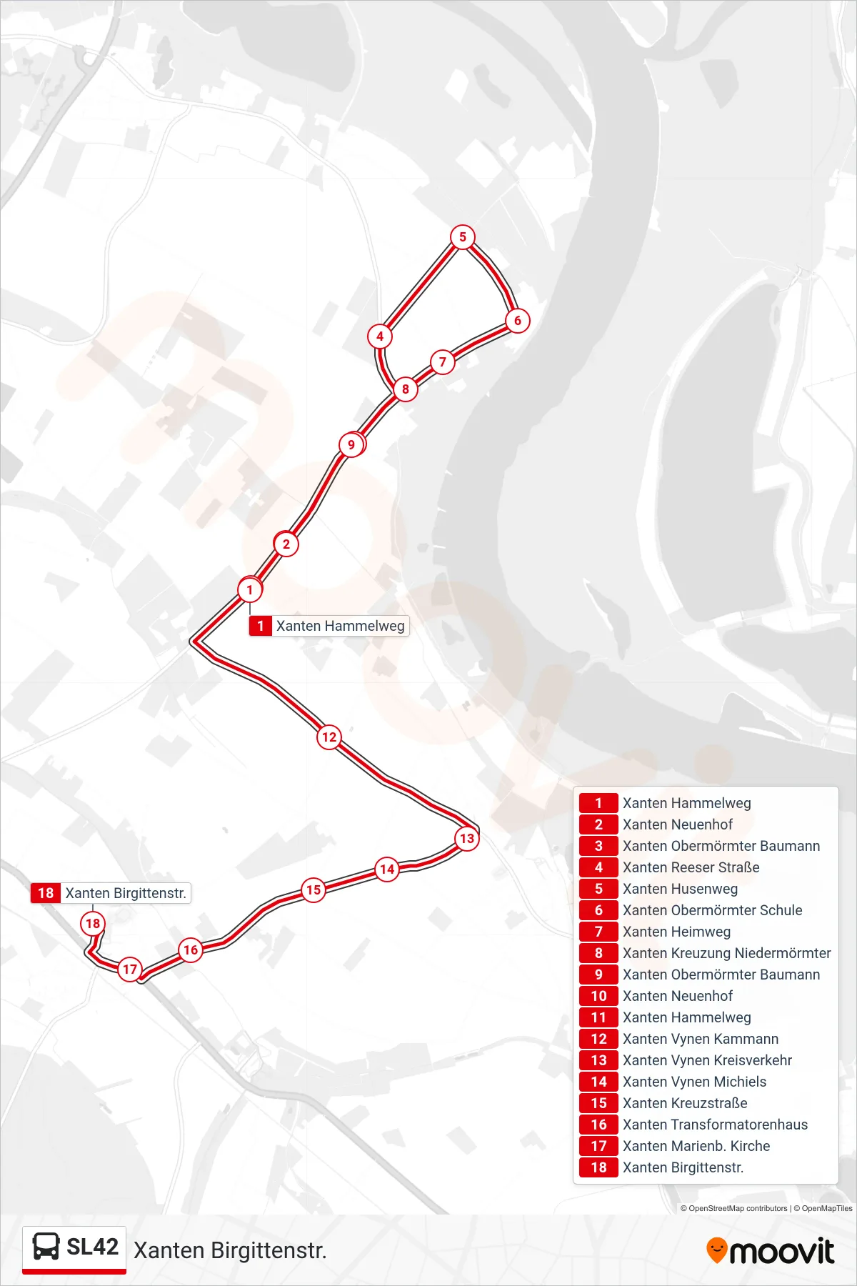Linie SL42 (Bus) Richtung Xanten Birgittenstr.: Route und Haltestellen auf der Karte