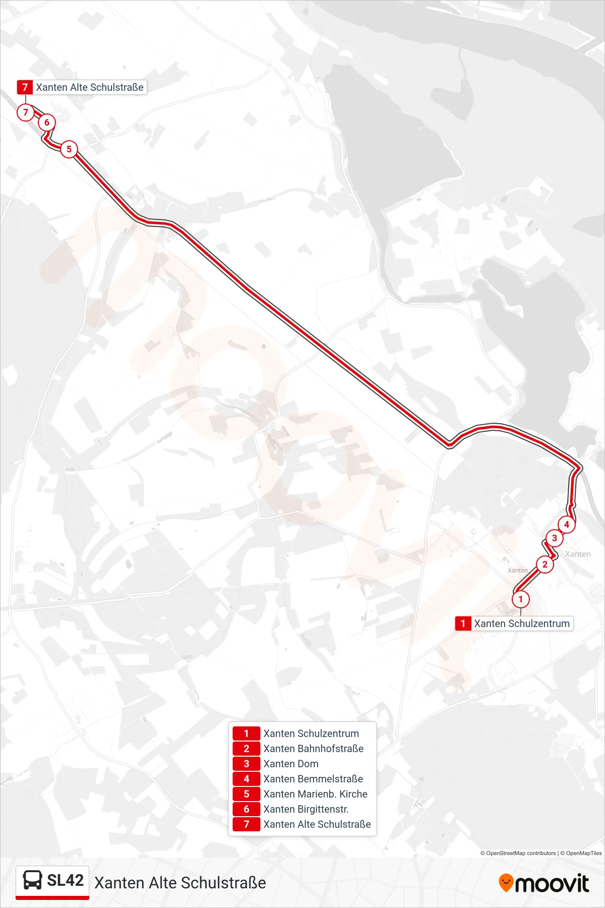 SL42 bus Line (Xanten Alte Schulstraße) route and stops on a map
