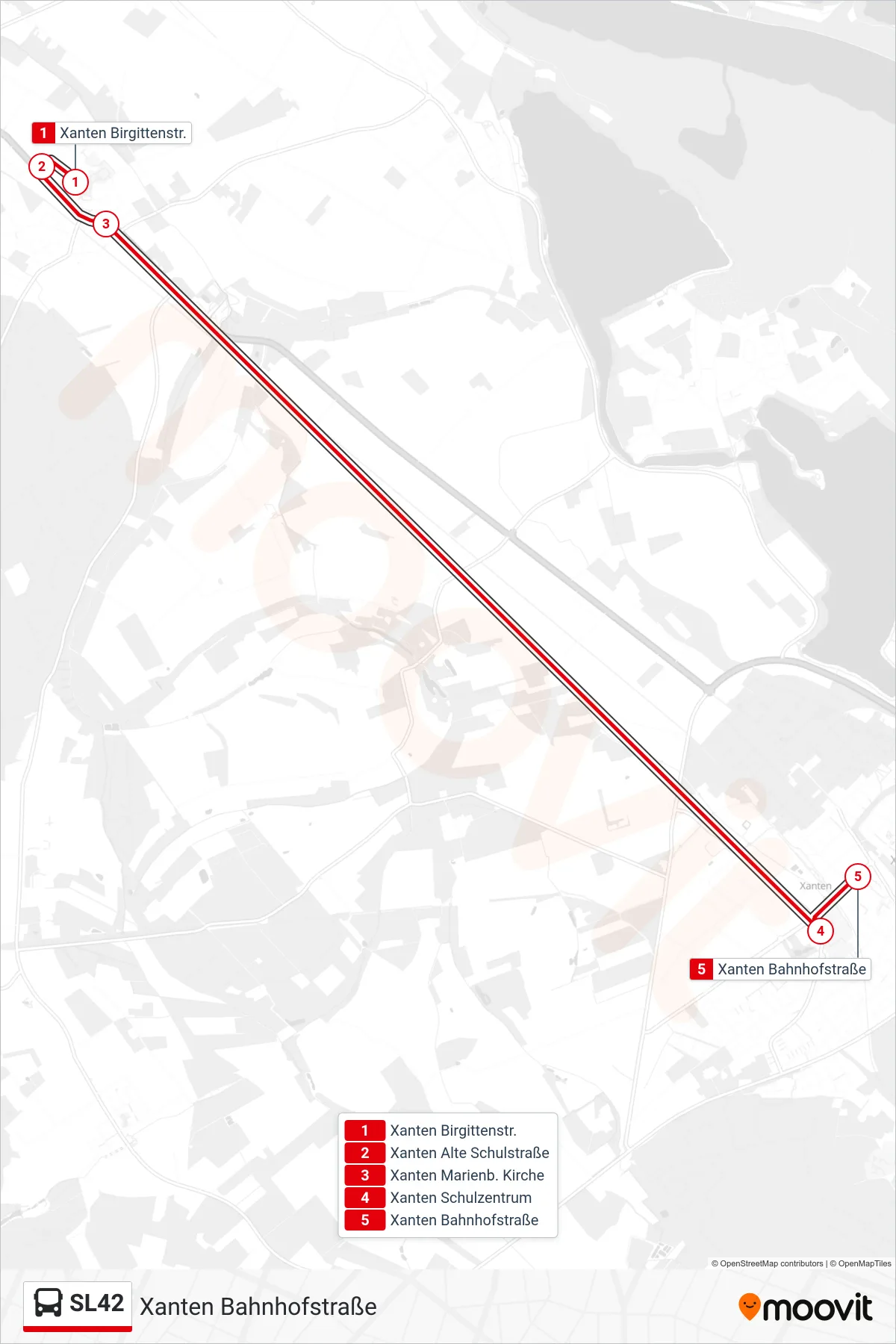 Linie SL42 (Bus) Richtung Xanten Bahnhofstraße: Route und Haltestellen auf der Karte