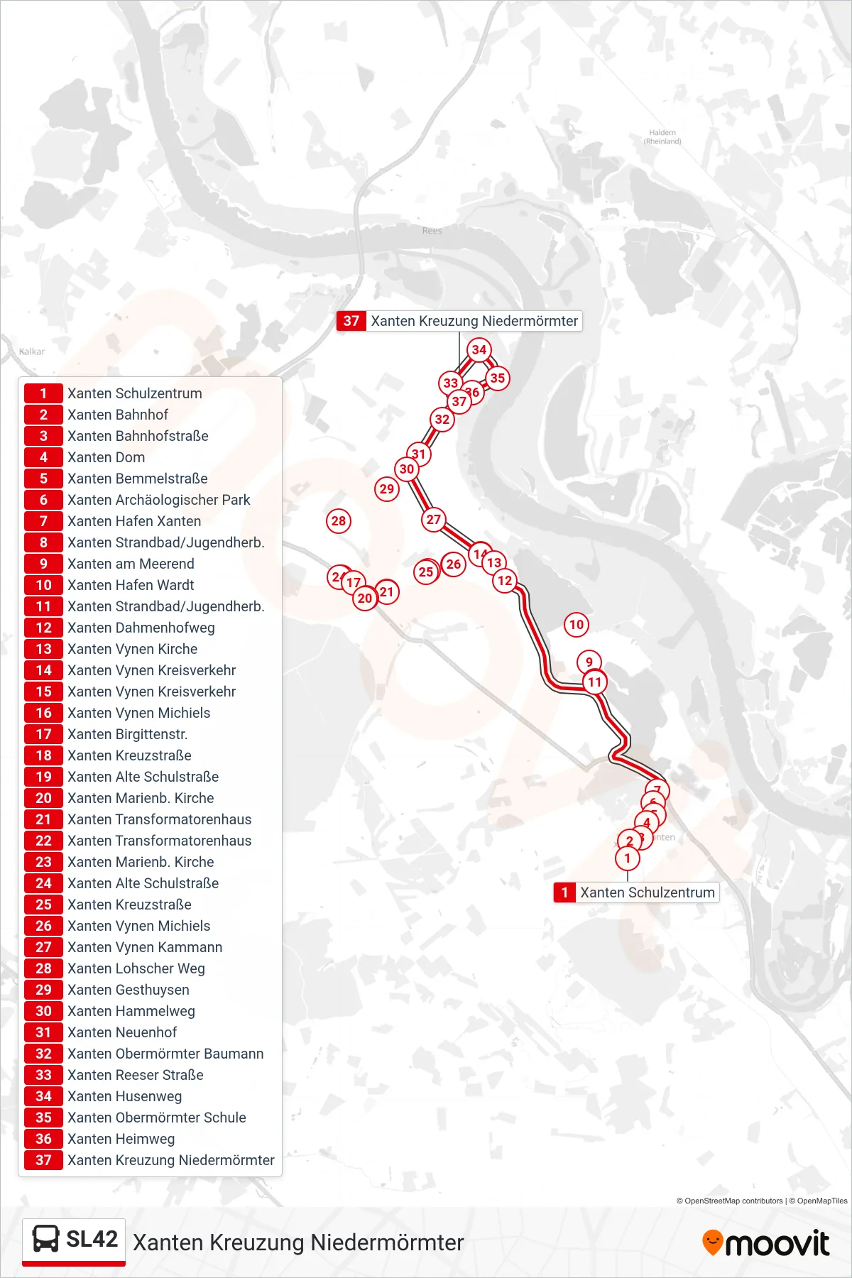 SL42 bus Line (Xanten Kreuzung Niedermörmter) route and stops on a map