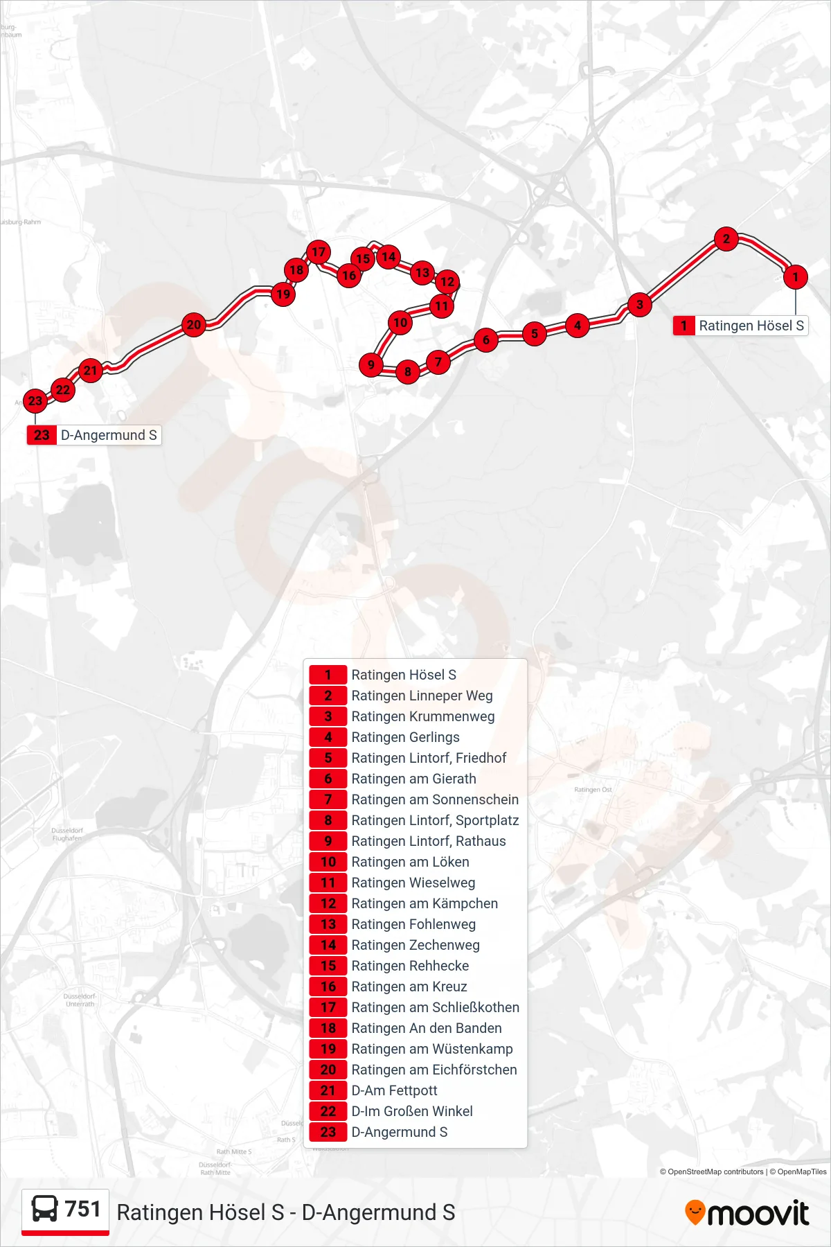 Linie 751 (Bus) Richtung D-Angermund S: Route und Haltestellen auf der Karte