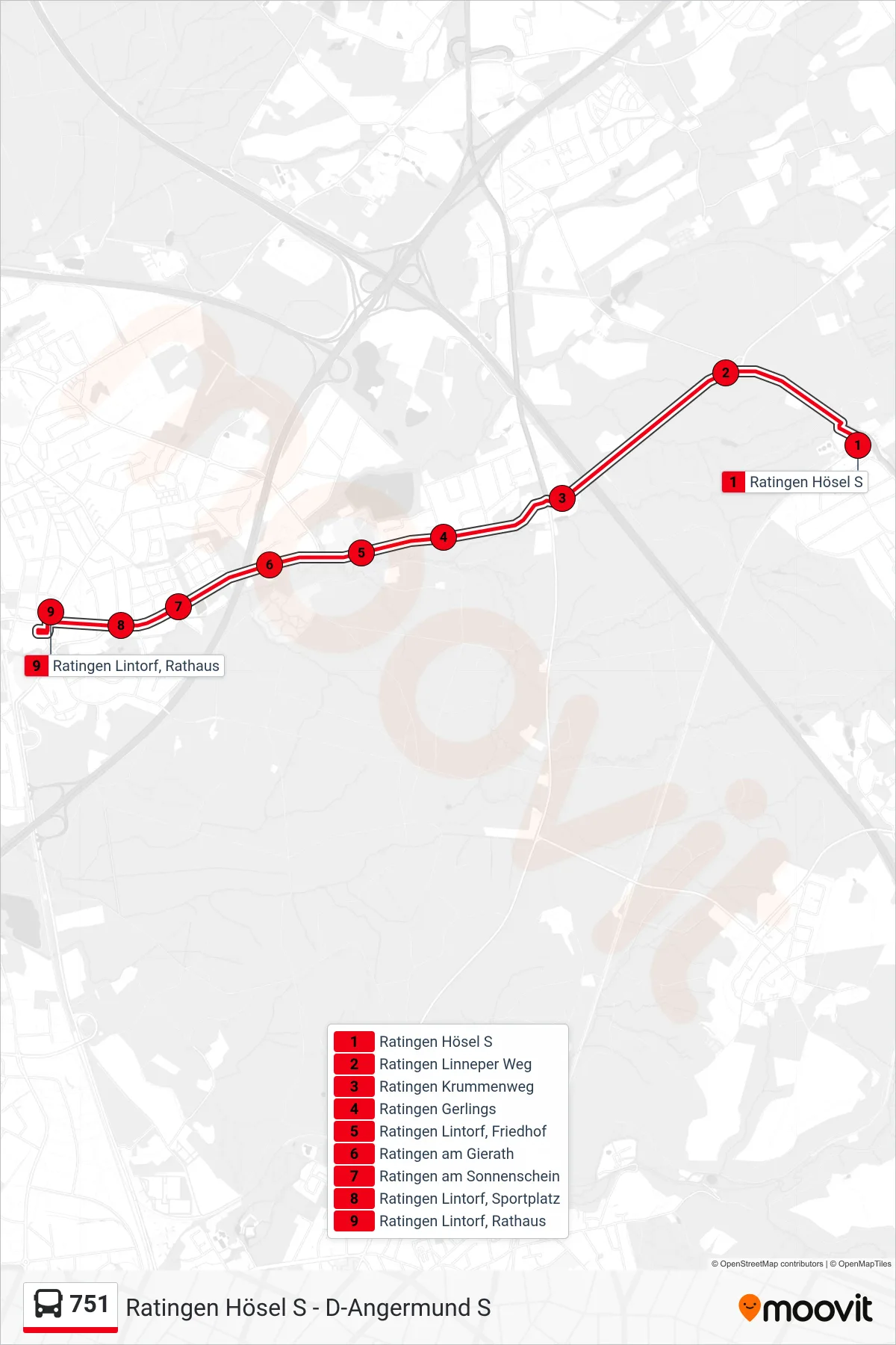 Linie 751 (Bus) Richtung Ratingen Lintorf, Rathaus: Route und Haltestellen auf der Karte