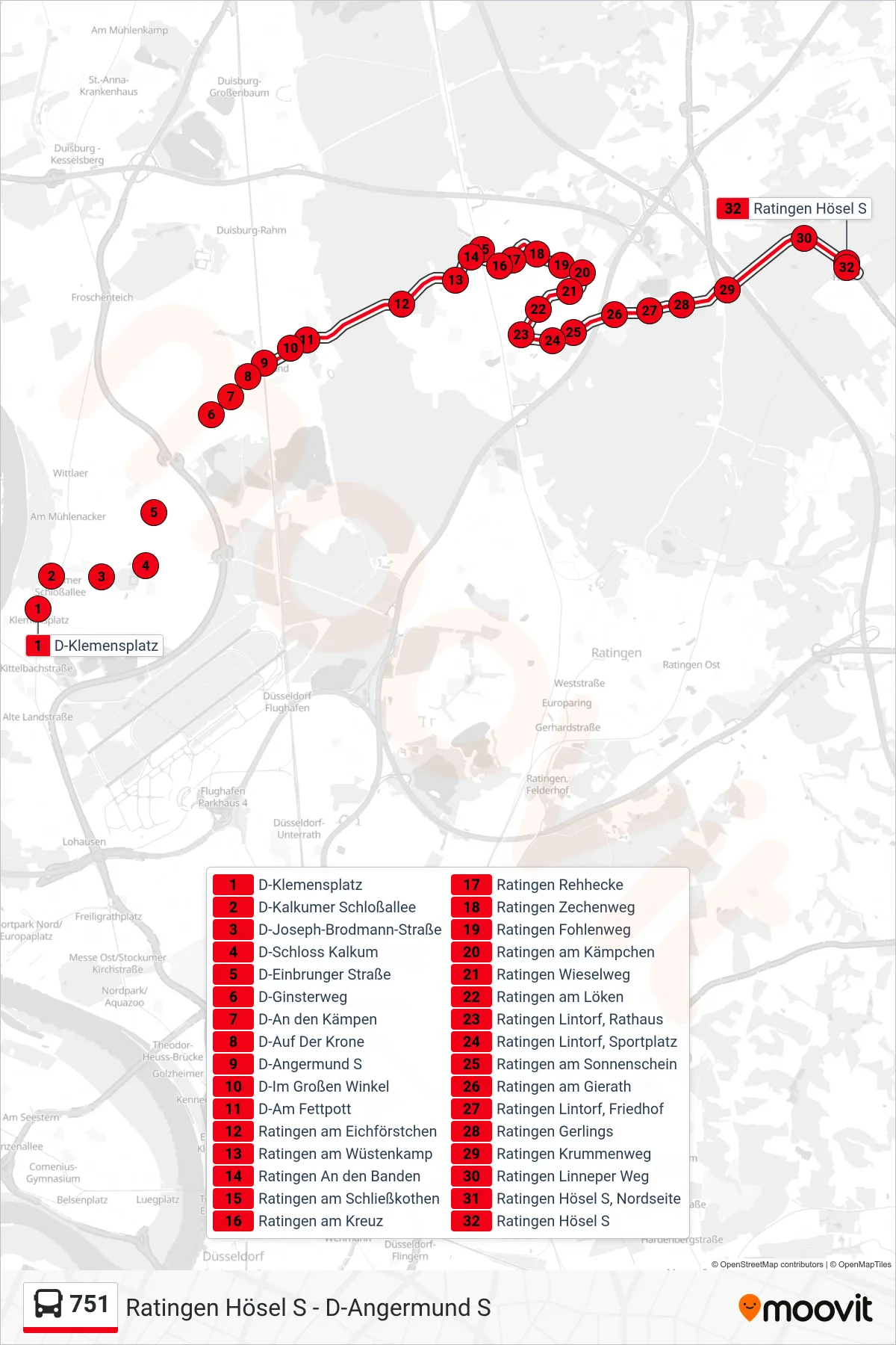 Linie 751 (Bus) Richtung Ratingen Hösel S: Route und Haltestellen auf der Karte